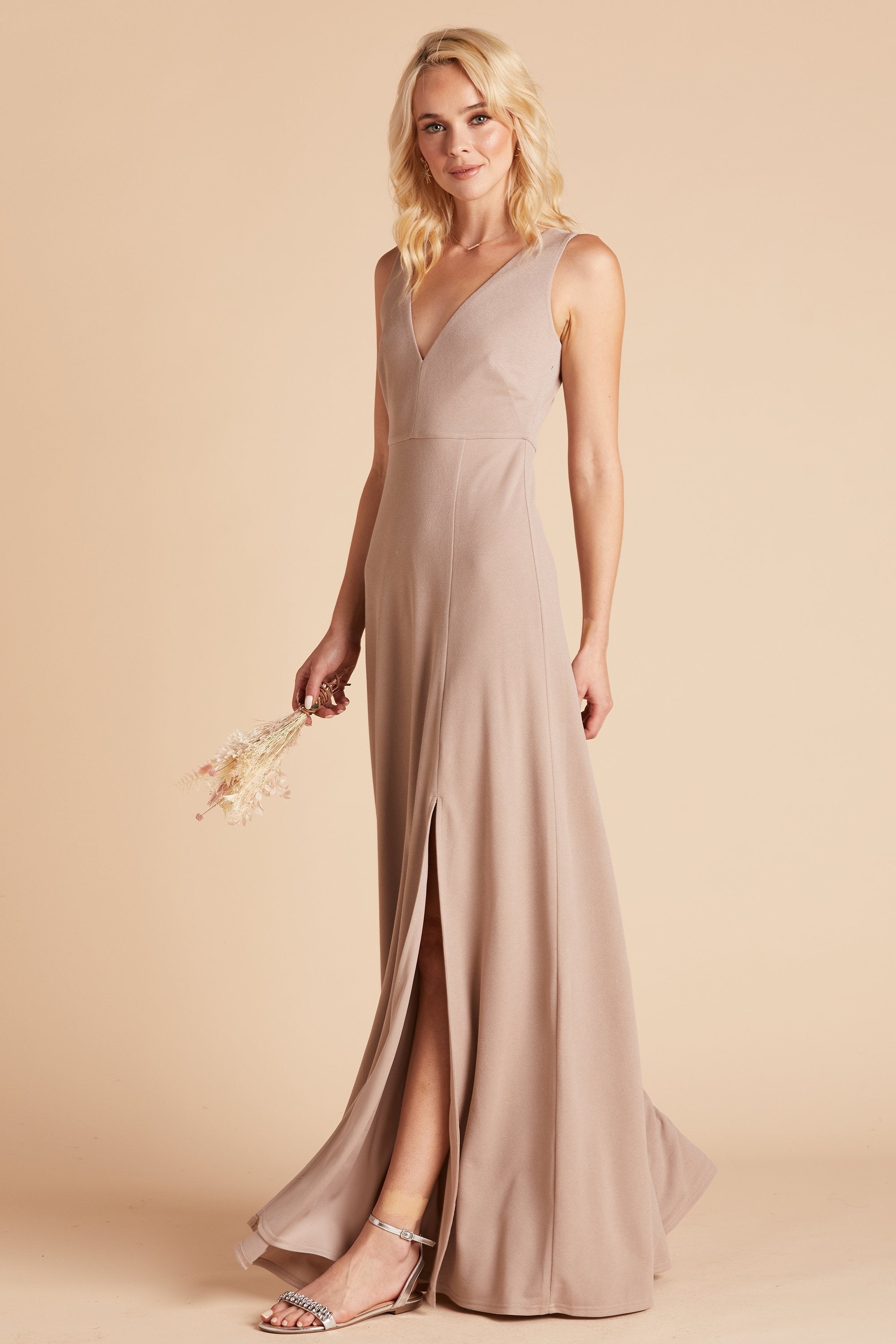 Shamin bridesmaid dress with slit in taupe crepe by Birdy Grey, side view