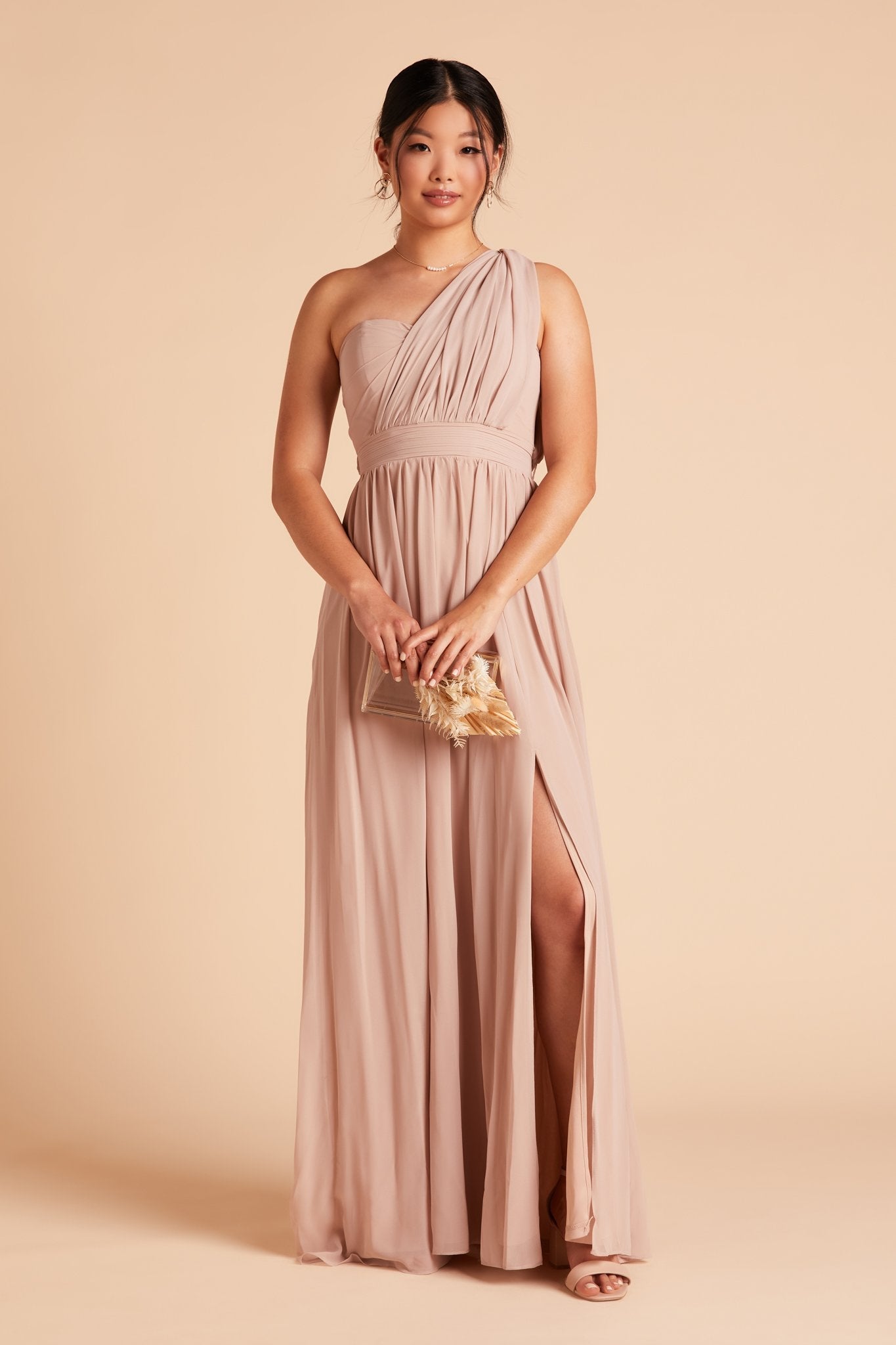 Grace convertible bridesmaid dress with slit in taupe chiffon by Birdy Grey, front view