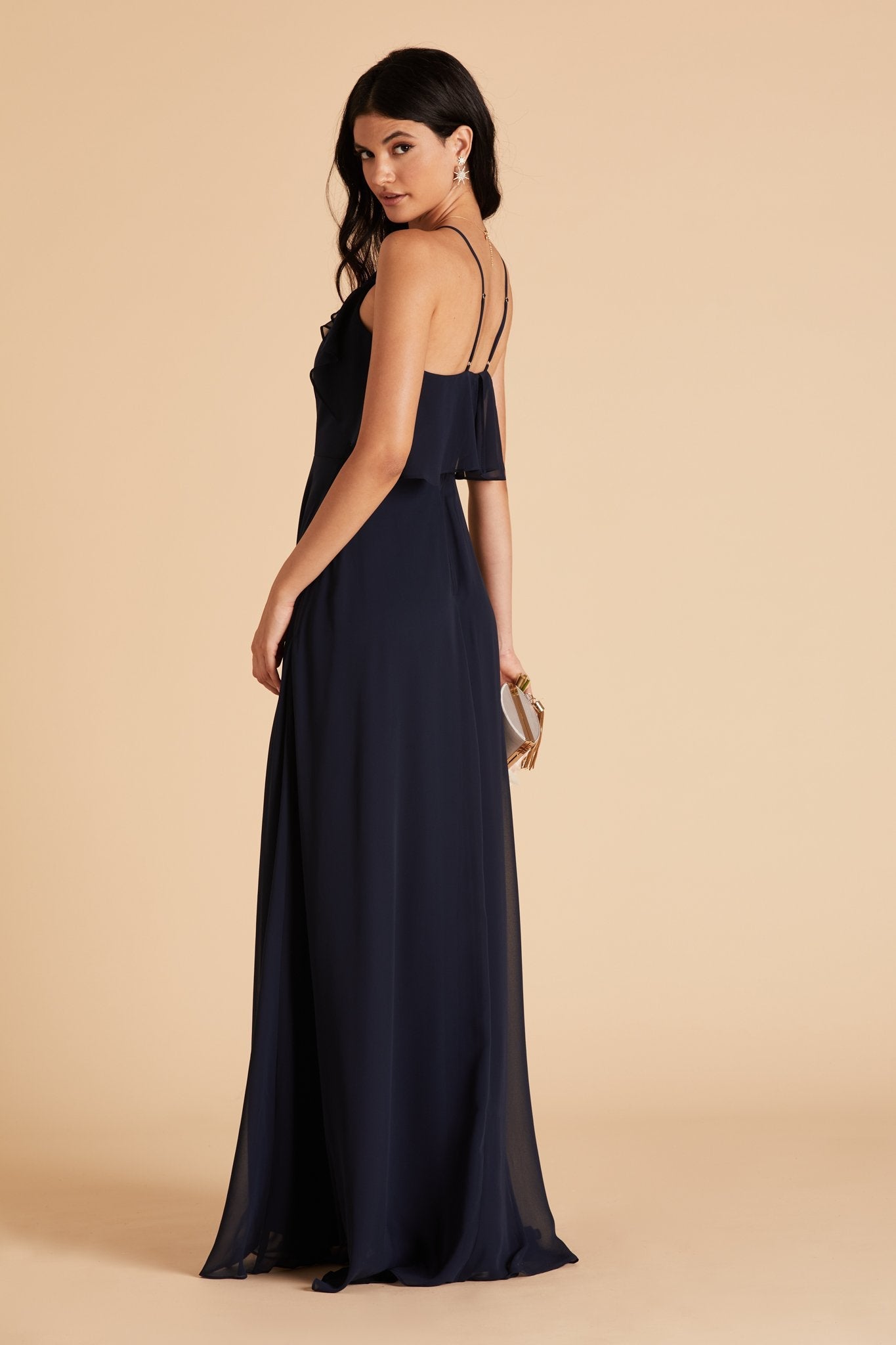 Jules bridesmaid dress in navy blue chiffon by Birdy Grey, side view