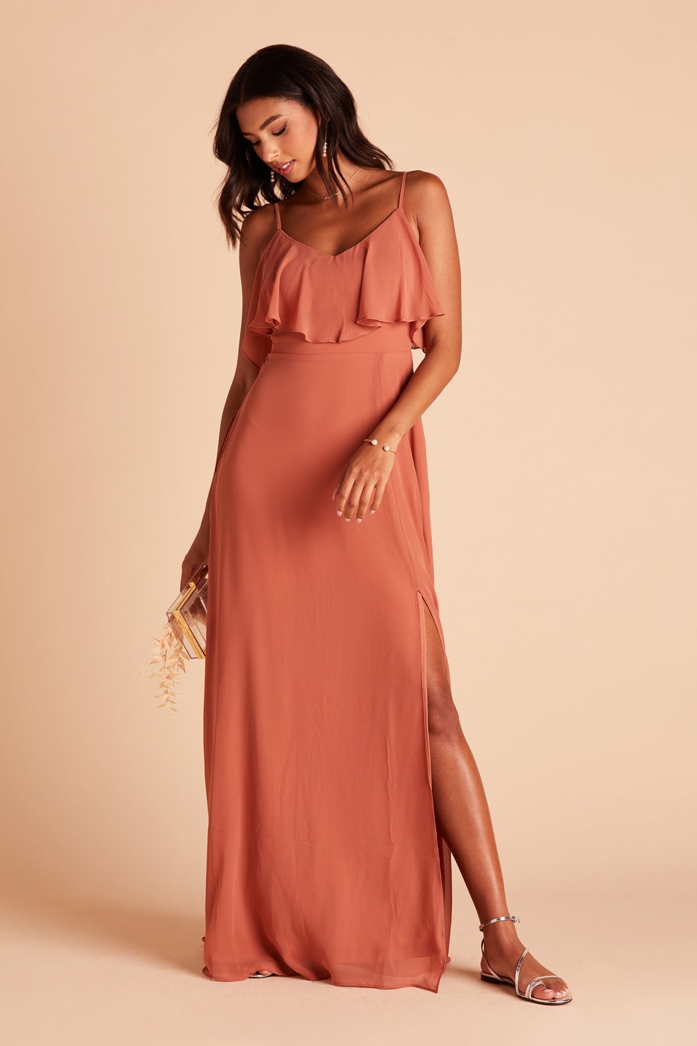 Jane convertible bridesmaid dress with slit in terracotta orange chiffon by Birdy Grey, front view