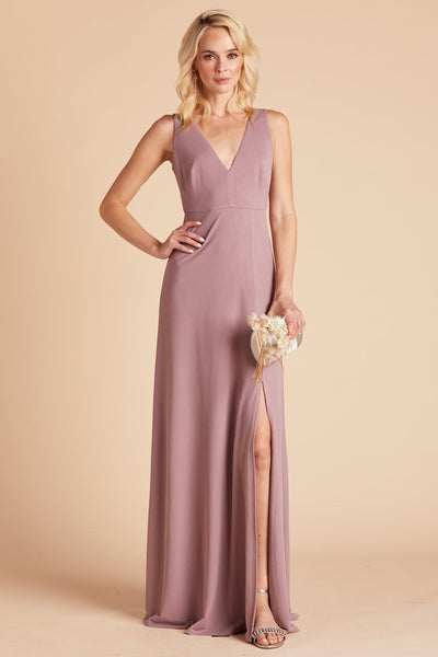 Shamin bridesmaid dress with slit in dark mauve crepe by Birdy Grey, front view