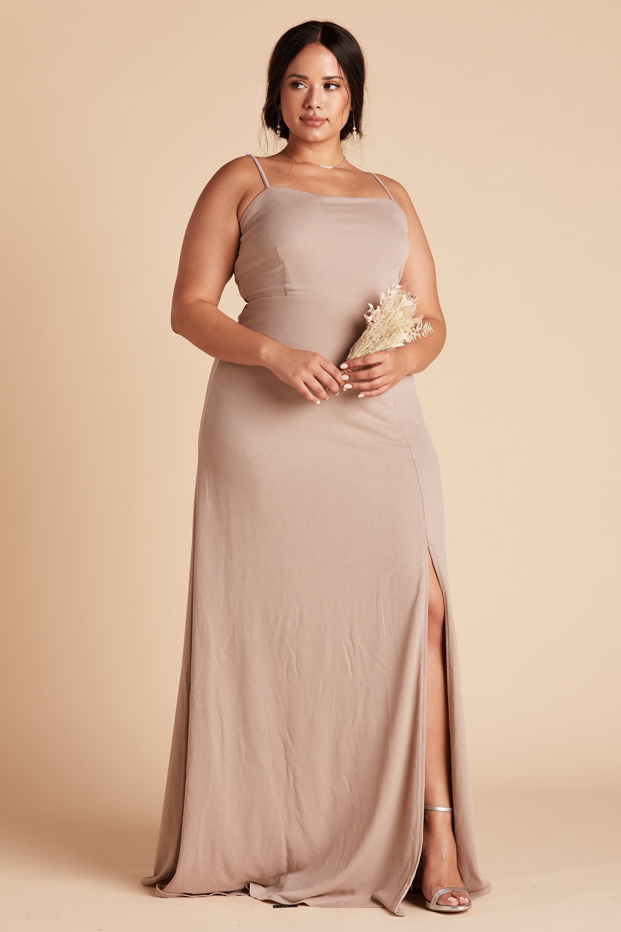 Benny plus size bridesmaid dress with slit in taupe crepe by Birdy Grey, front view