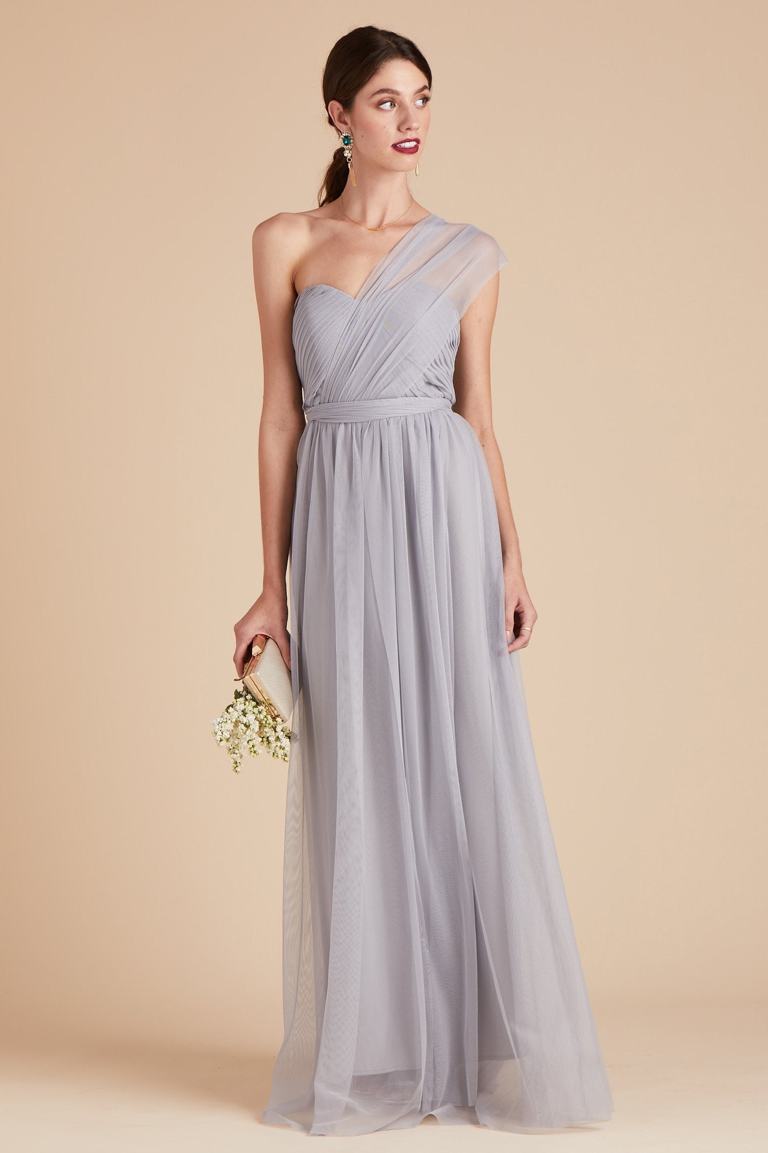 Christina convertible bridesmaid dress in silver tulle by Birdy Grey, front view