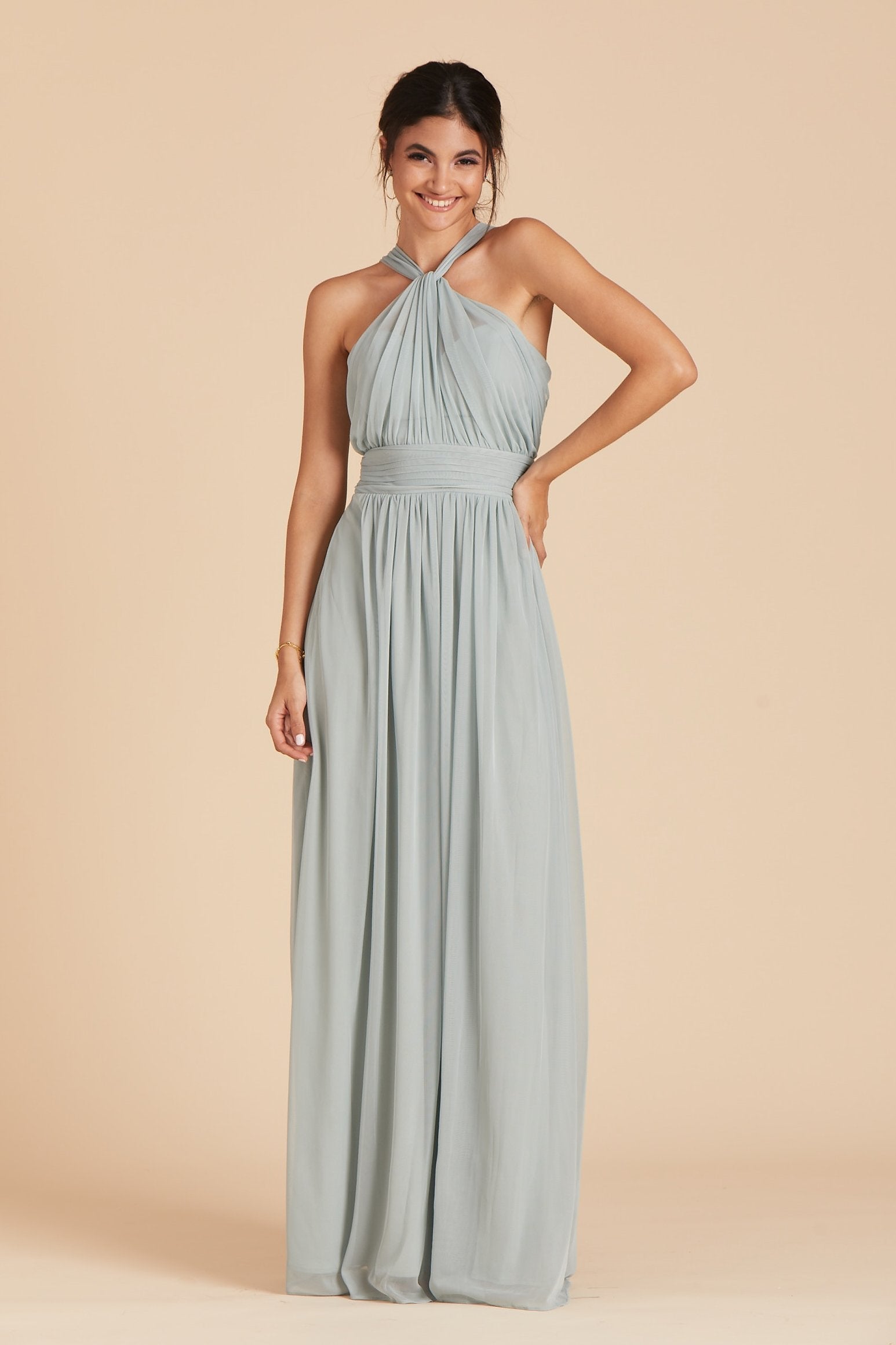 Kiko bridesmaid dress in sage green chiffon by Birdy Grey, front view