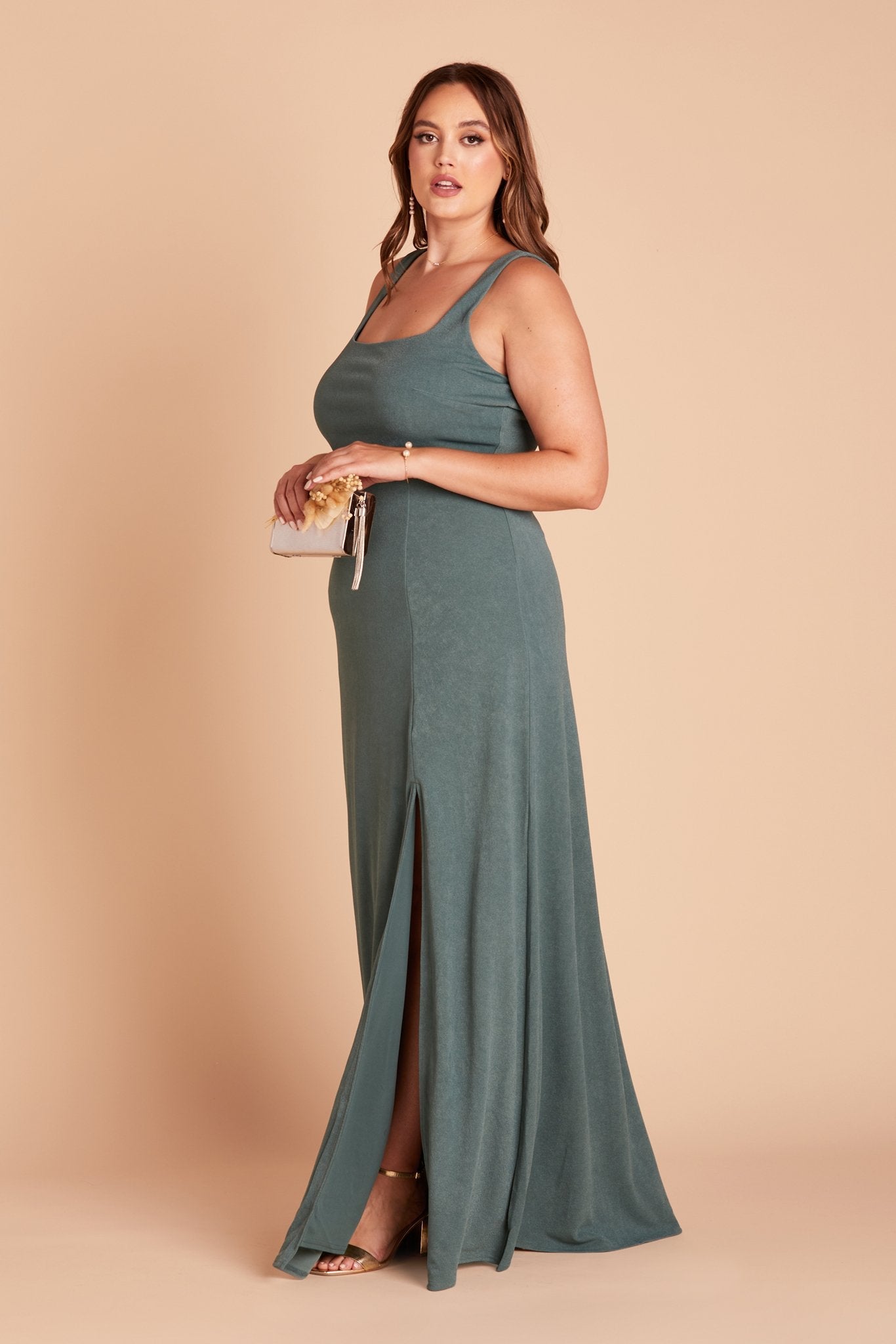 Alex convertible plus size bridesmaid dress with slit in sea glass green crepe by Birdy Grey, side view