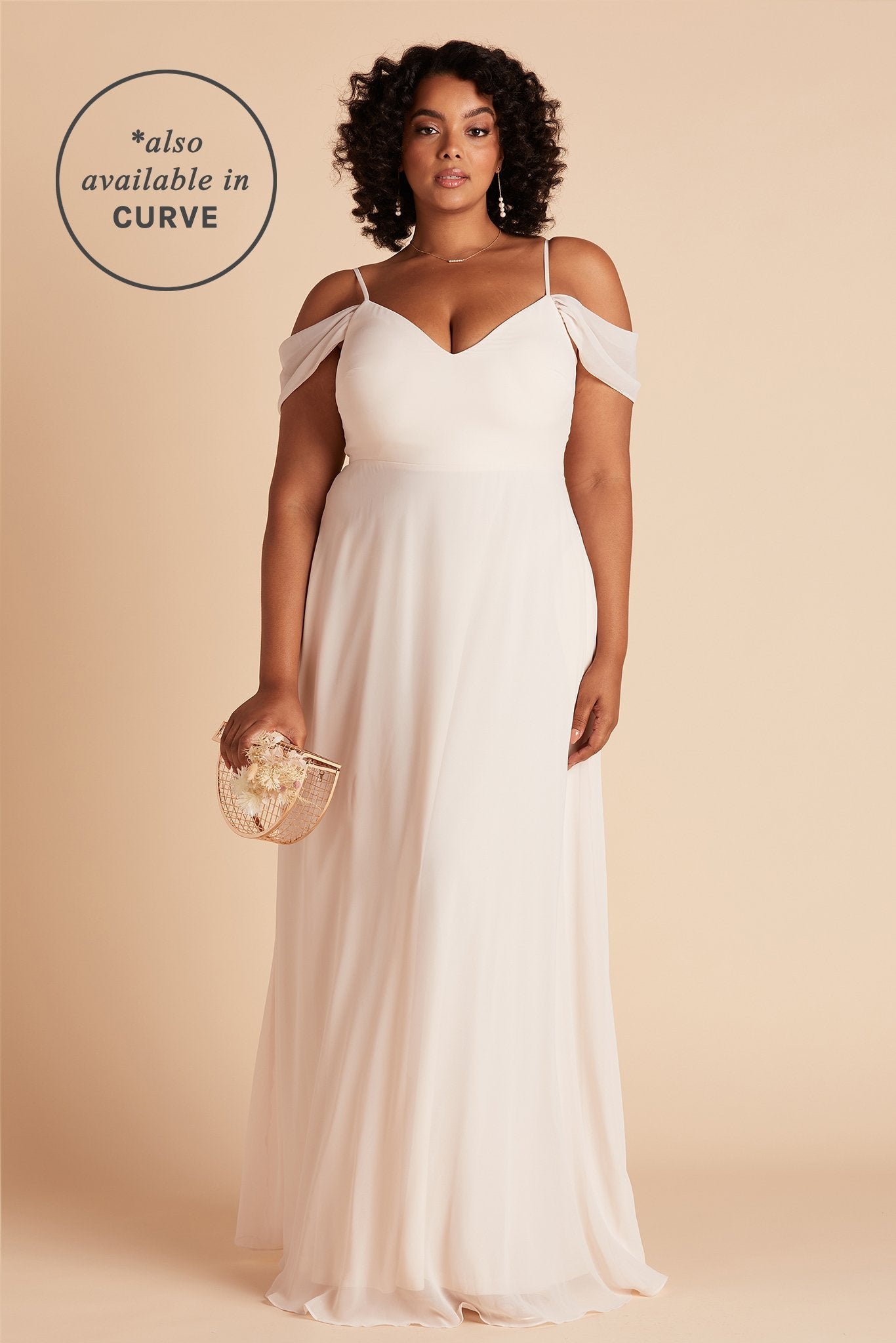 Devin convertible plus size bridesmaids dress in champagne chiffon by Birdy Grey, front view