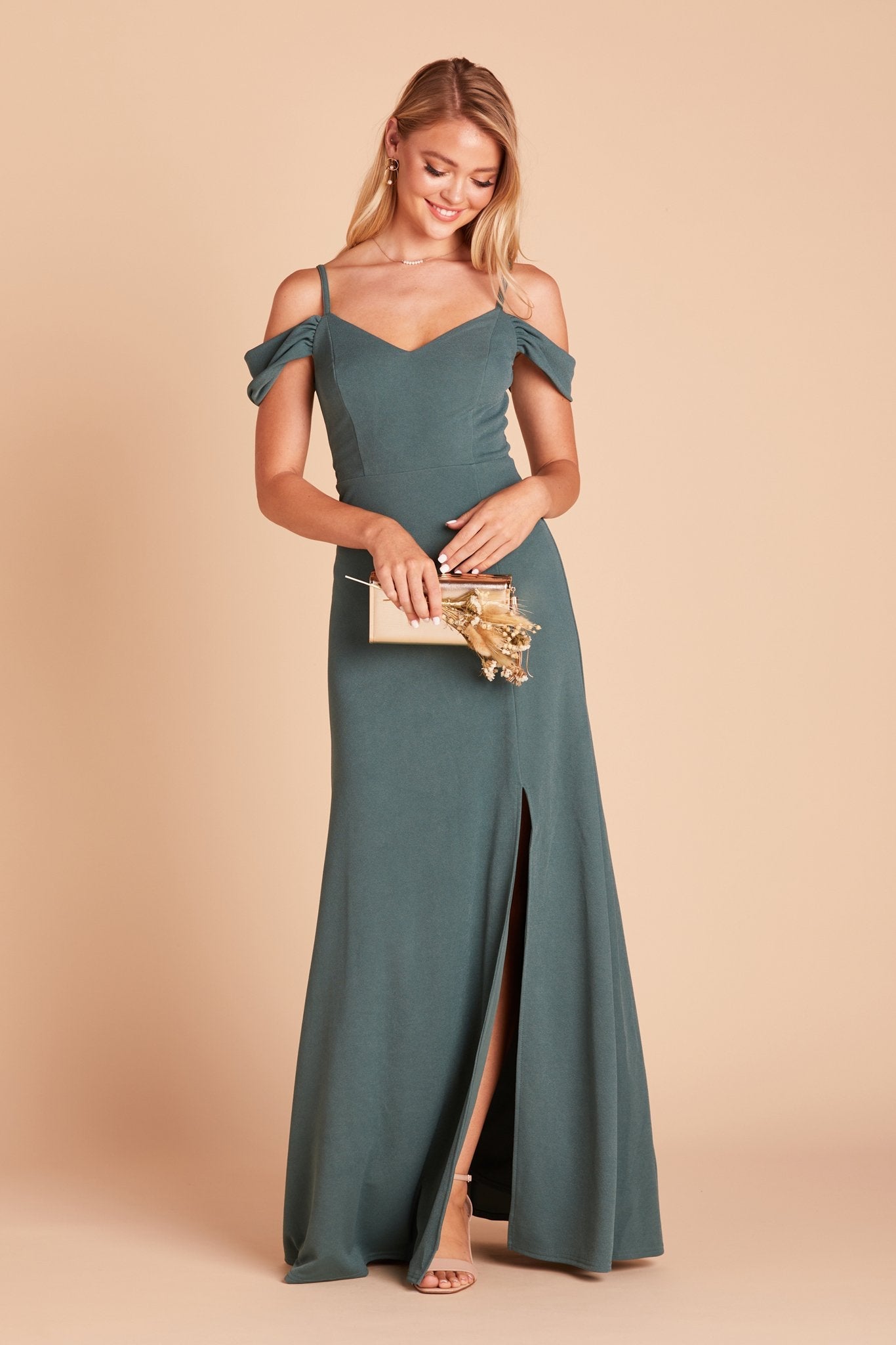 Dev bridesmaid dress with slit in sea glass green crepe by Birdy Grey, front view