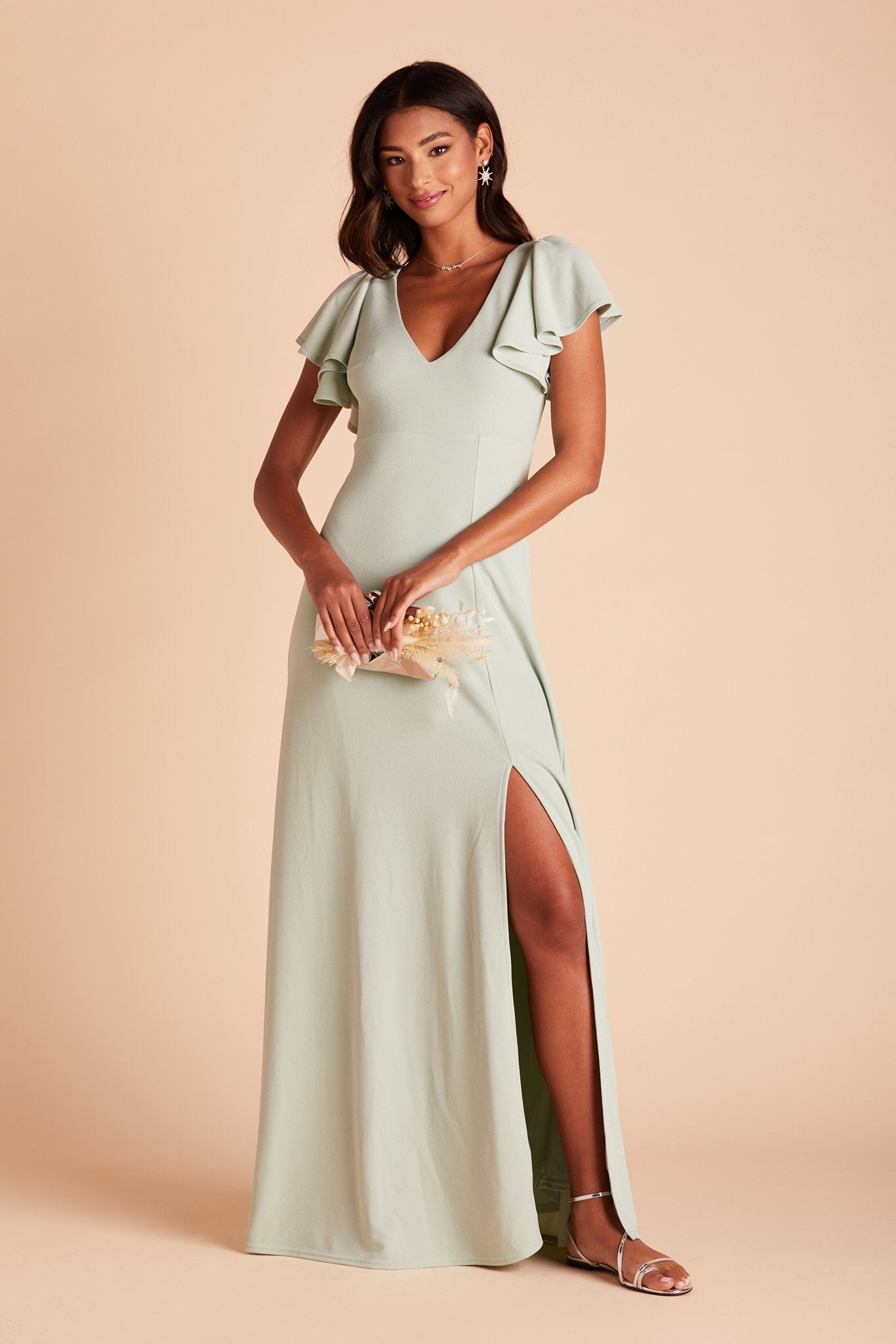 Hannah bridesmaid dress with slit in sage green crepe by Birdy Grey, front view