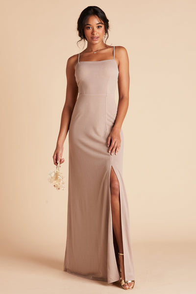 Benny bridesmaid dress with slit in taupe crepe by Birdy Grey, front view