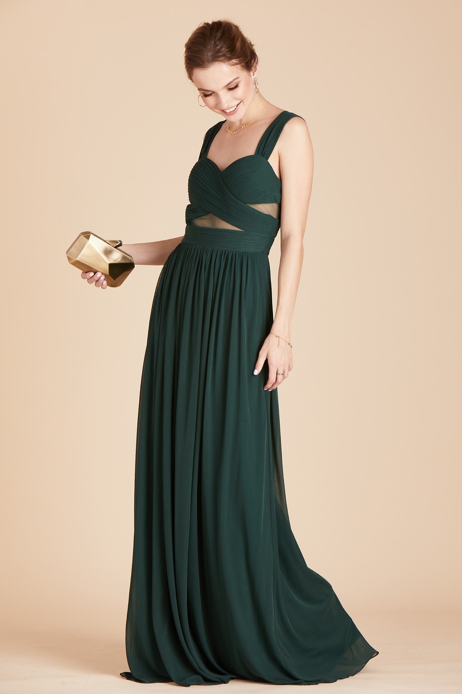 Elsye bridesmaid dress in emerald green chiffon by Birdy Grey, front view