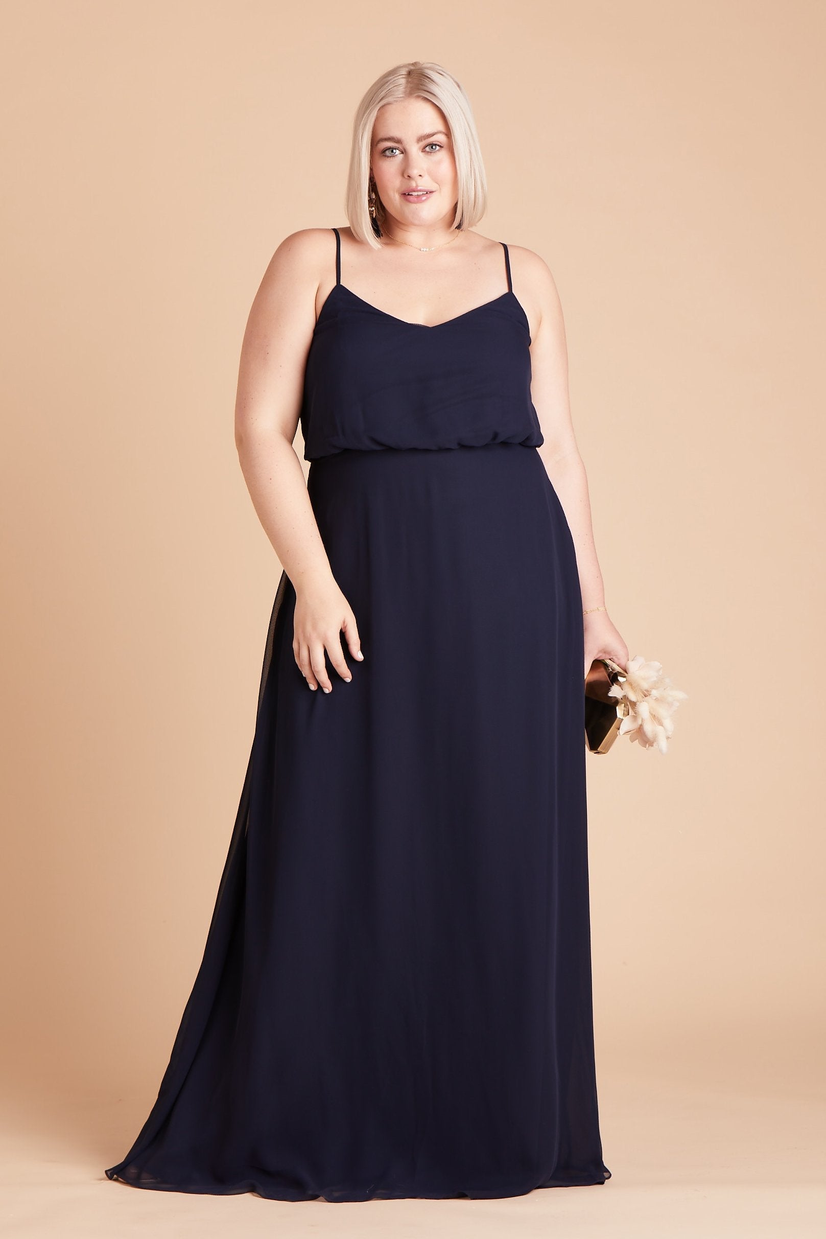 Gwennie plus size bridesmaid dress in navy blue chiffon by Birdy Grey, front view