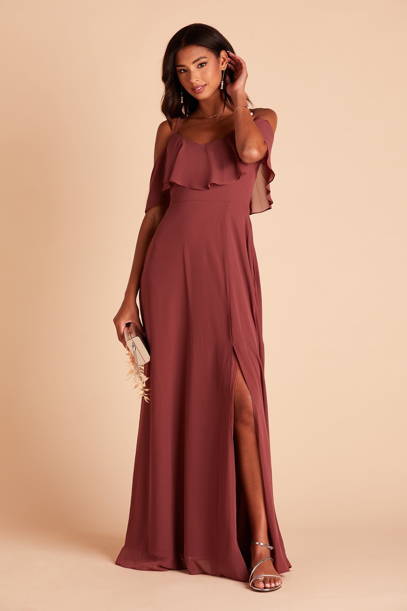 Jane convertible bridesmaid dress with slit in rosewood chiffon by Birdy Grey, front view