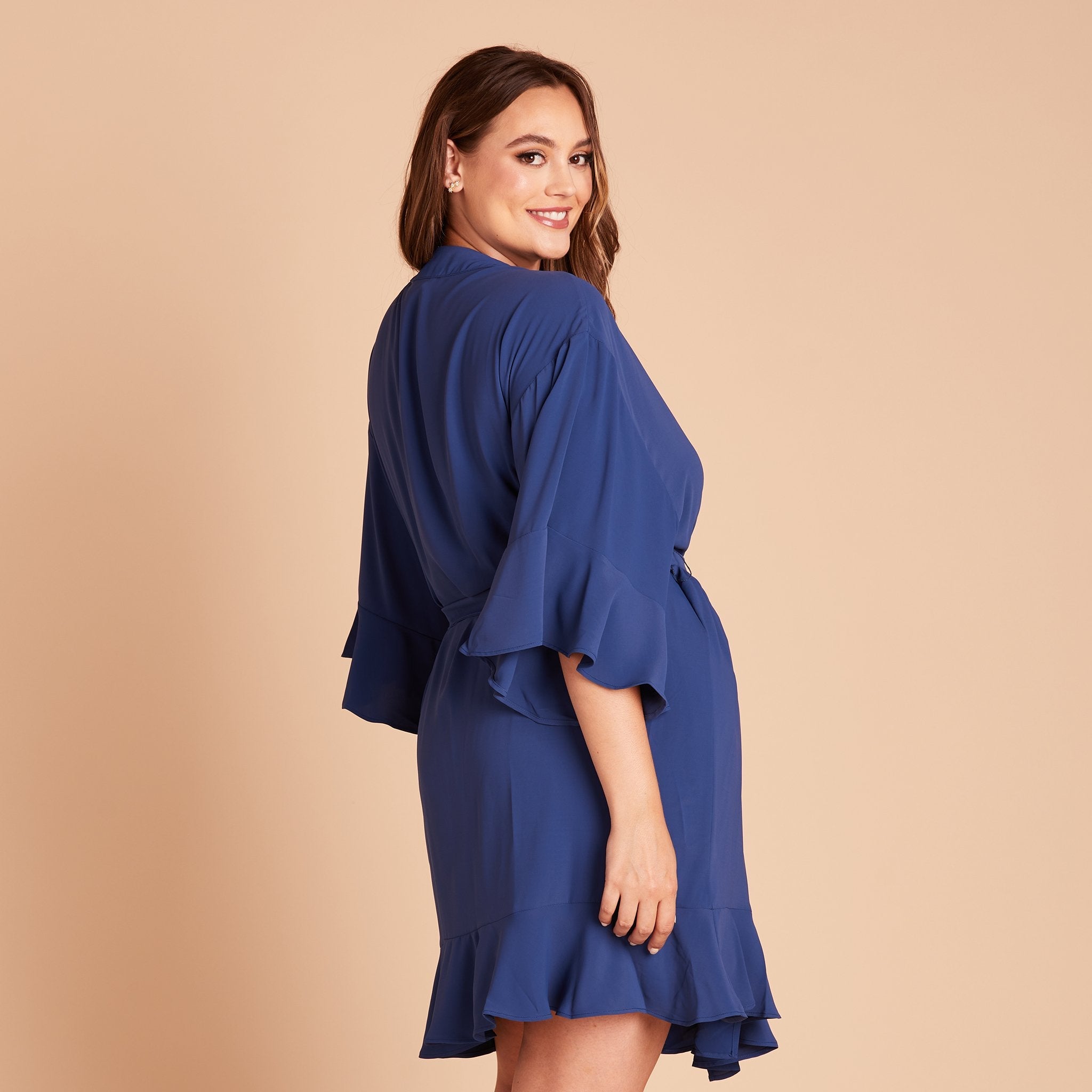 Kenny Ruffle Robe in slate blue by Birdy Grey, side view