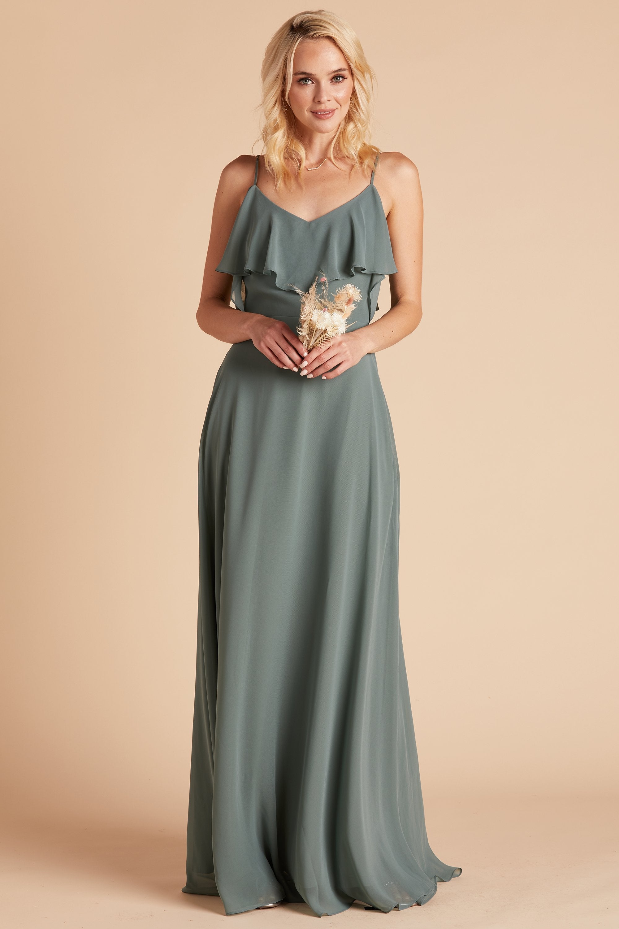 Jane convertible bridesmaid dress in sea glass green chiffon by Birdy Grey, front view