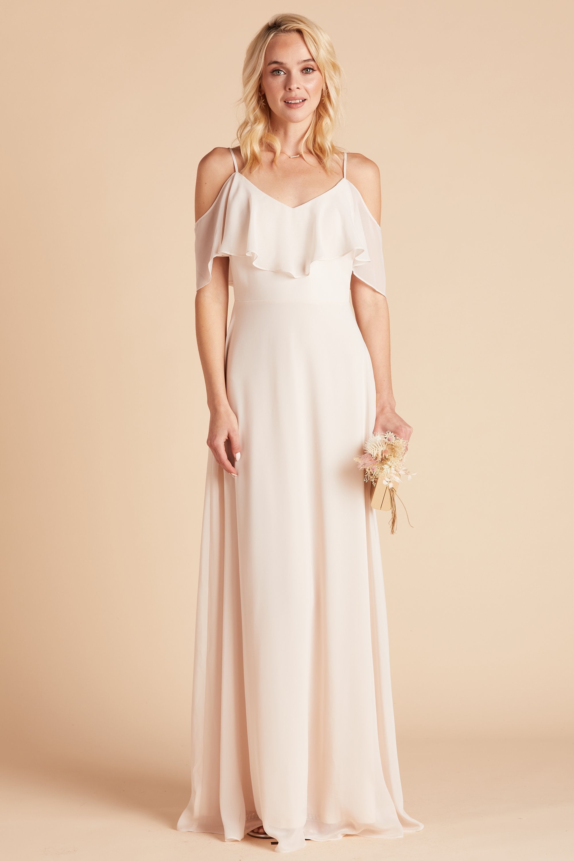 Jane convertible bridesmaid dress in champagn chiffon by Birdy Grey, front view