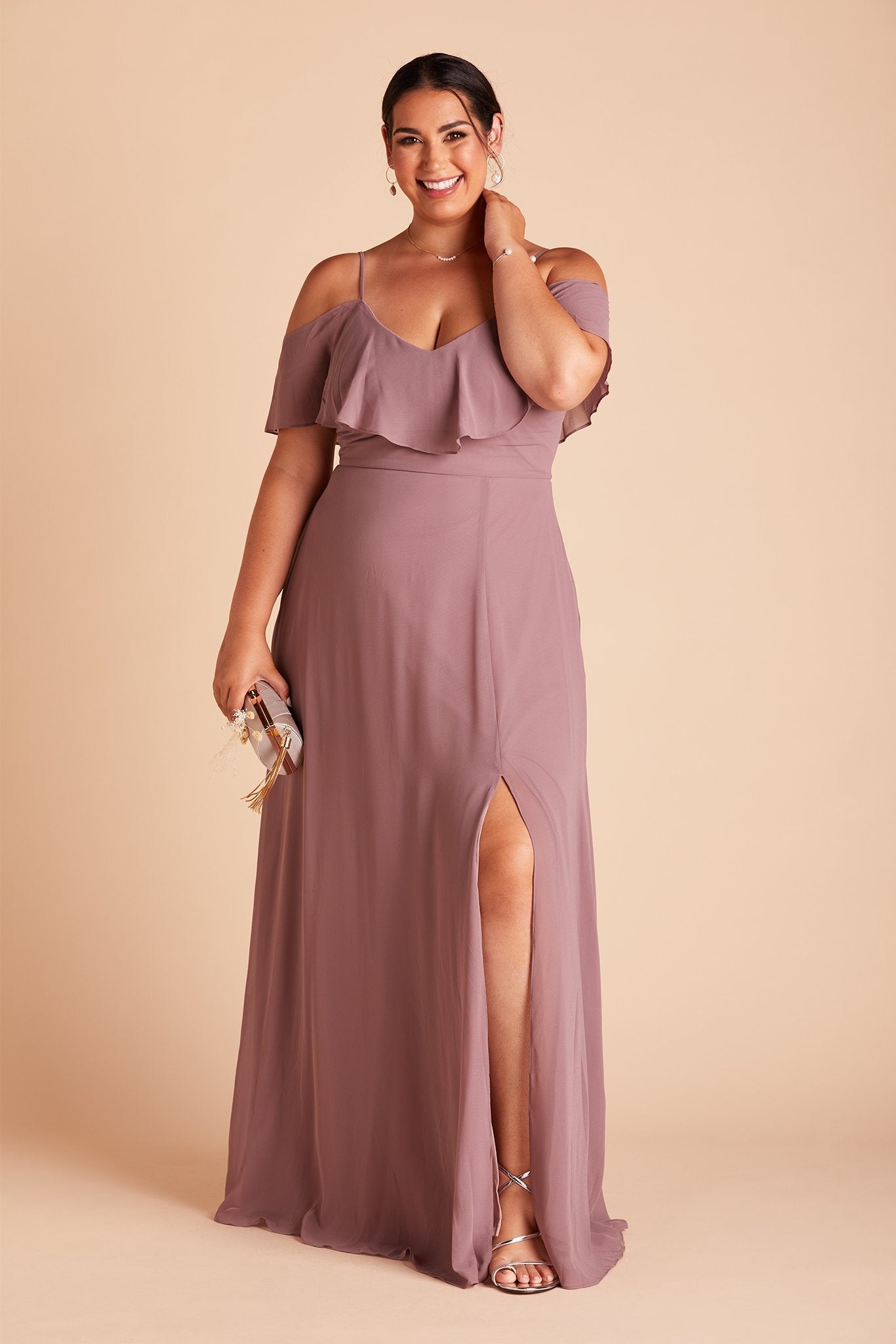 Jane convertible plus size bridesmaid dress with slit in dark mauve chiffon by Birdy Grey, front view