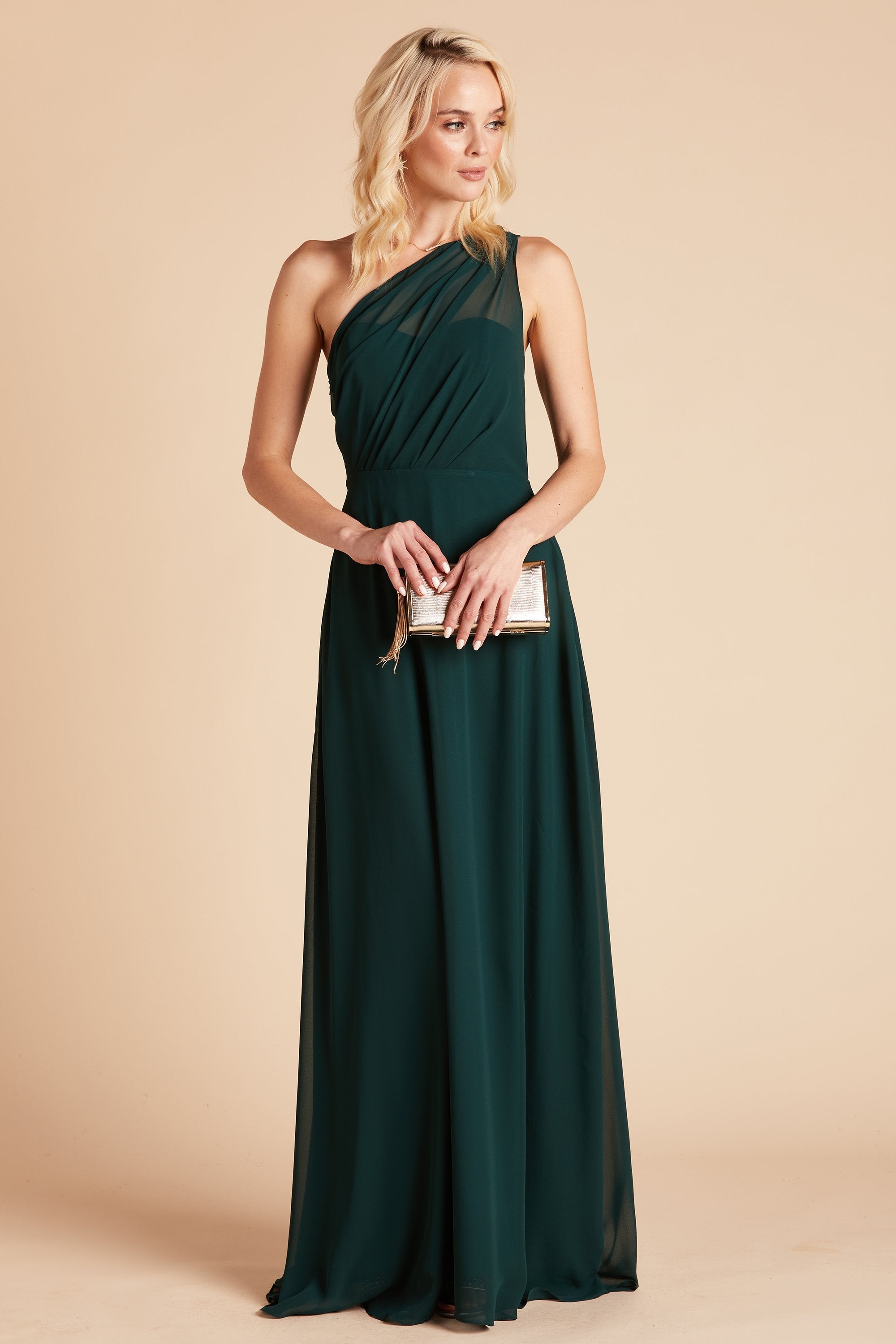 Kira bridesmaid dress in emerald chiffon by Birdy Grey, front view