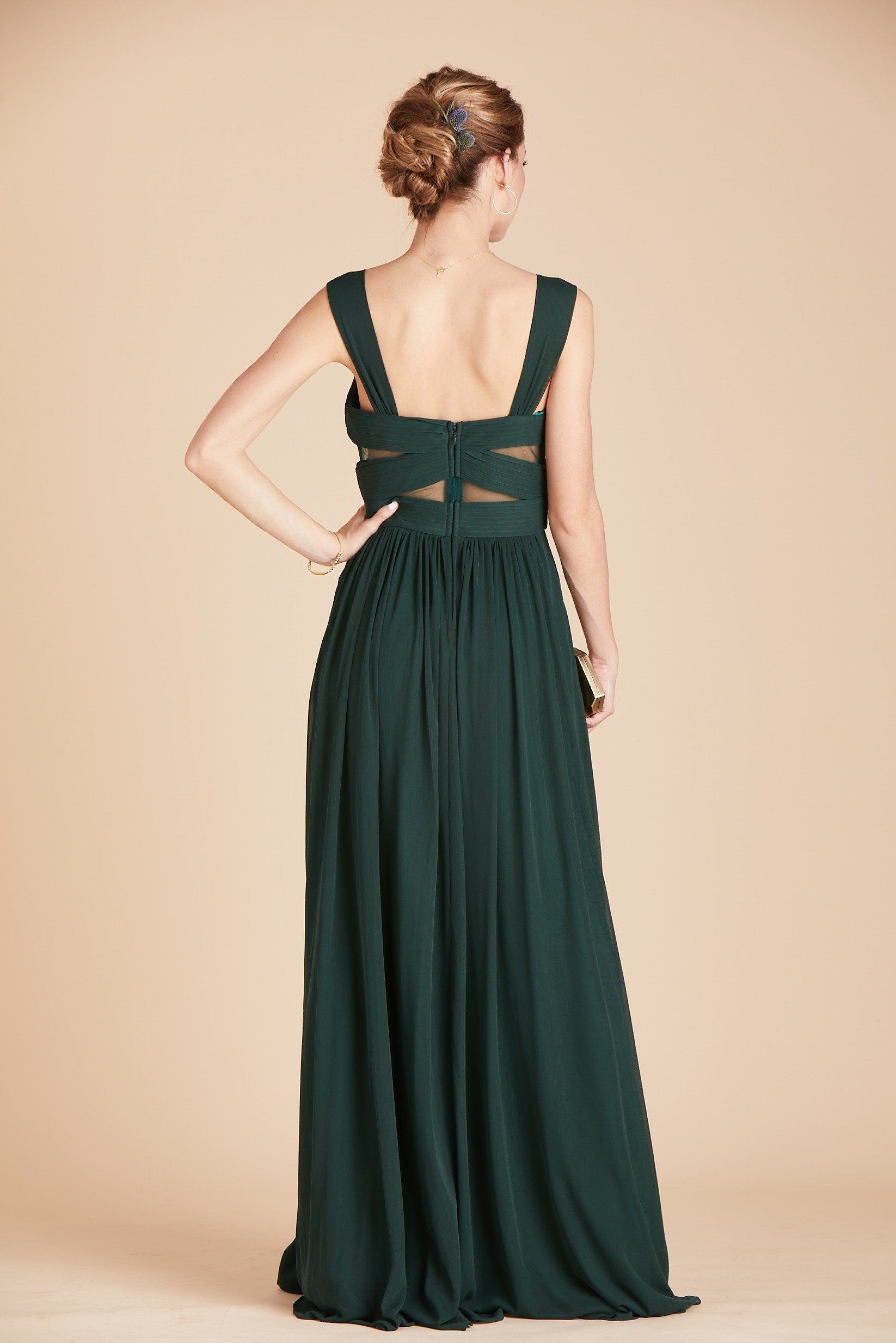 Elsye bridesmaid dress in emerald green chiffon by Birdy Grey, back view