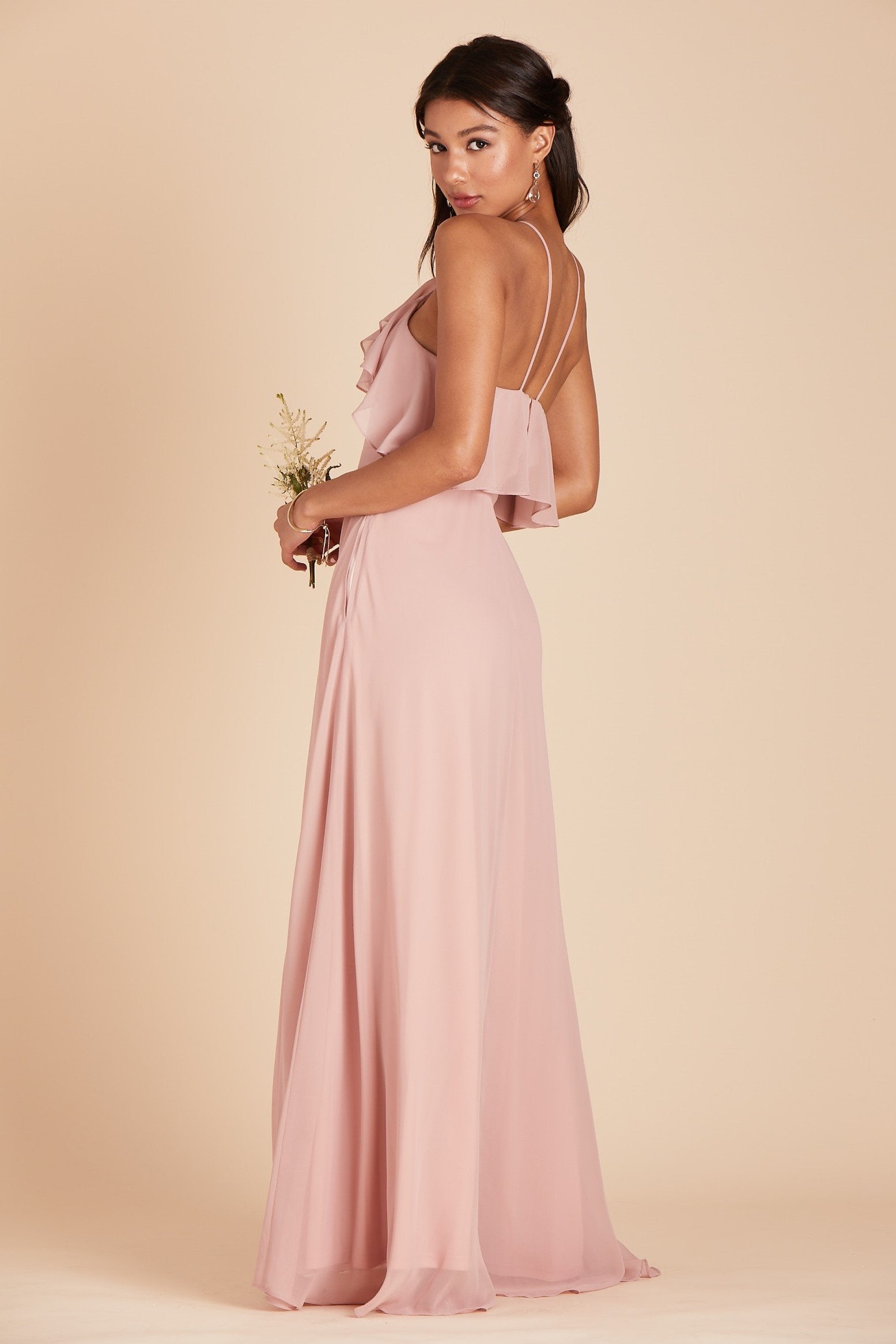 Jules bridesmaid dress in dusty rose chiffon by Birdy Grey, side view