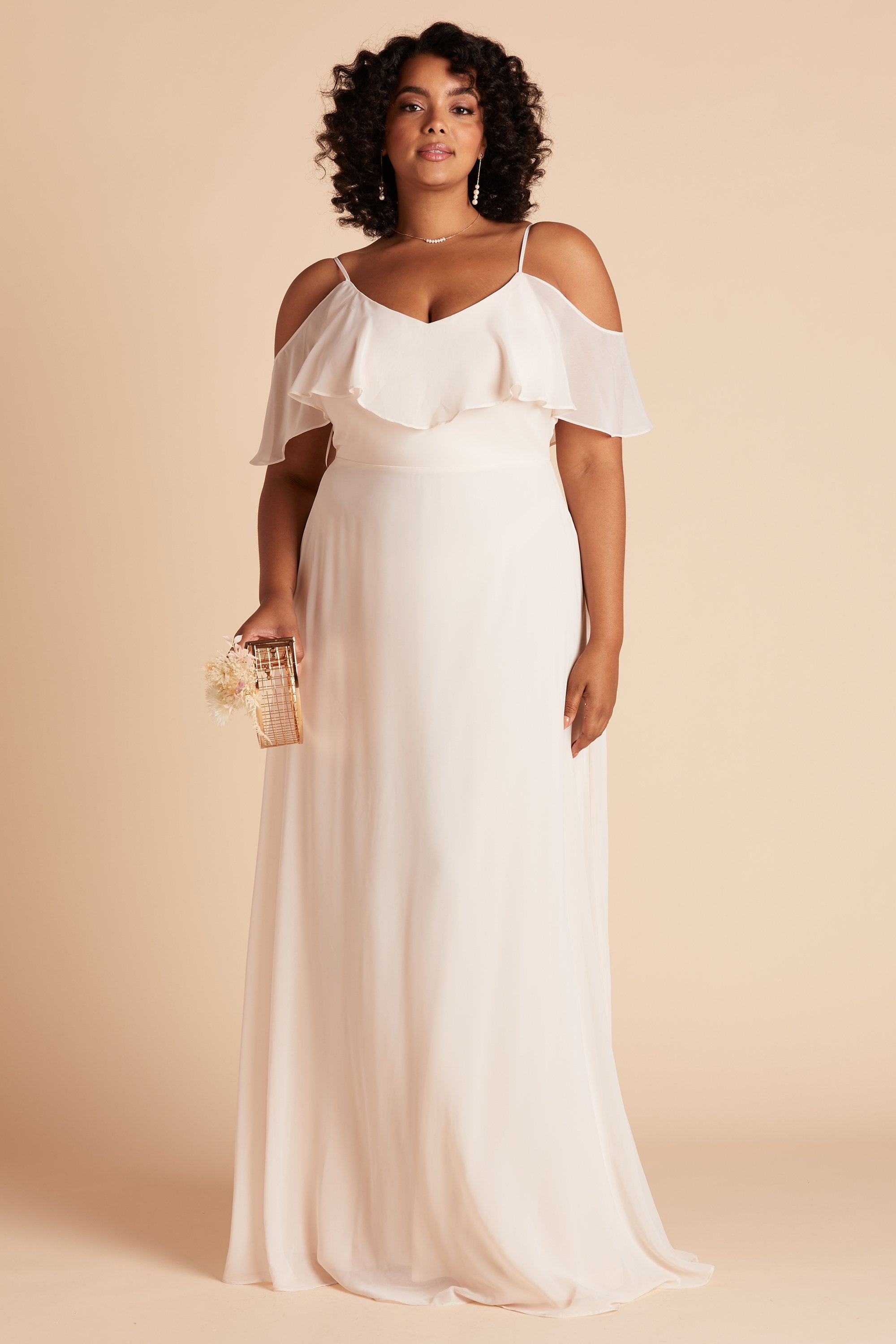 Jane convertible plus size bridesmaid dress in champagne chiffon by Birdy Grey, front view