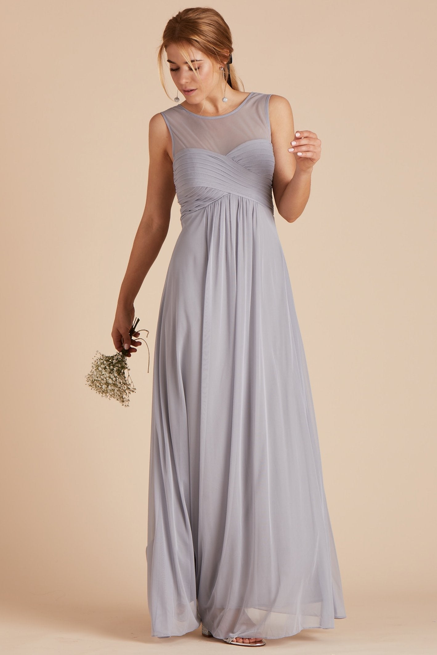 Ryan bridesmaid dress in silver chiffon by Birdy Grey, front view