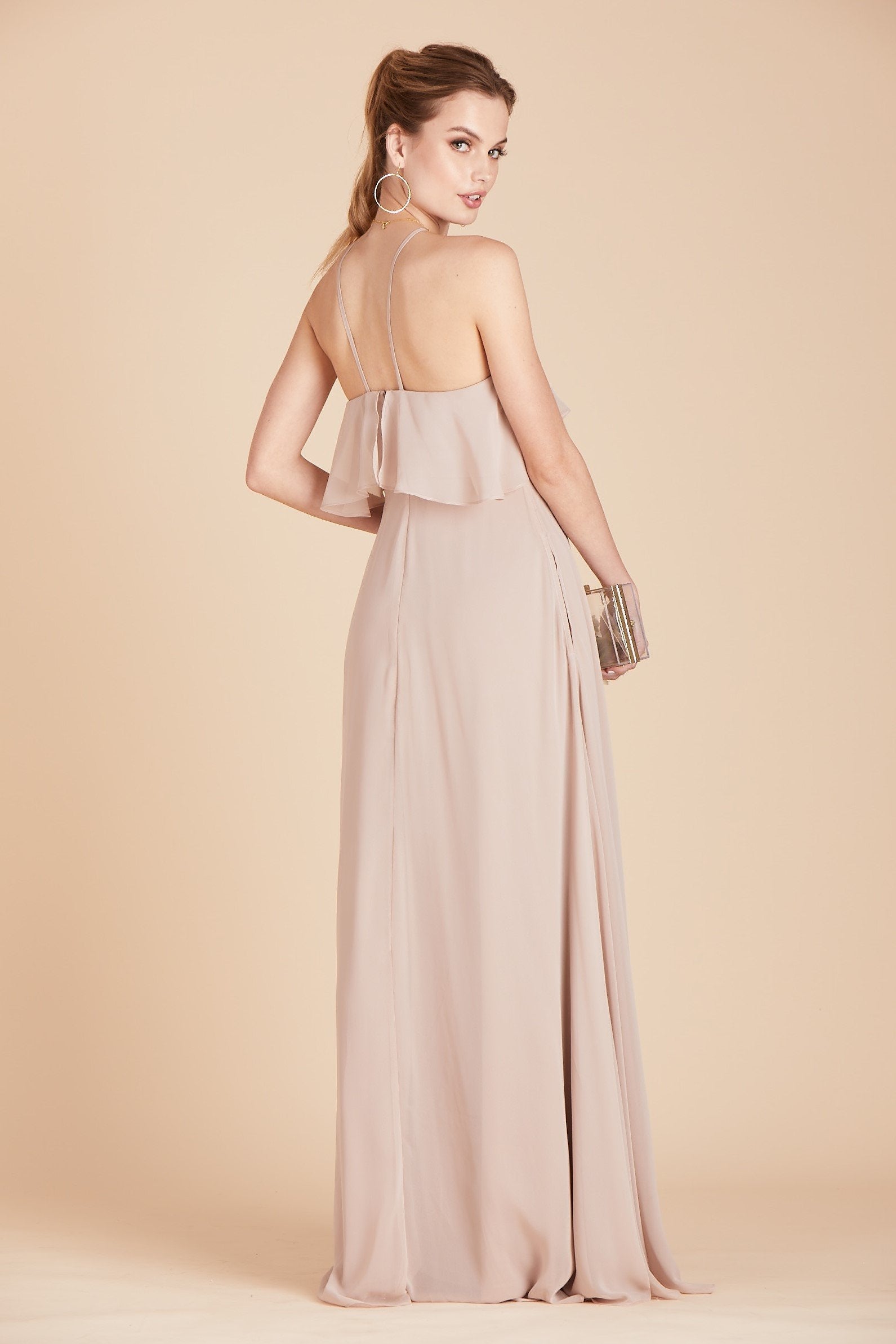 Jules bridesmaid dress in taupe chiffon by Birdy Grey, back view