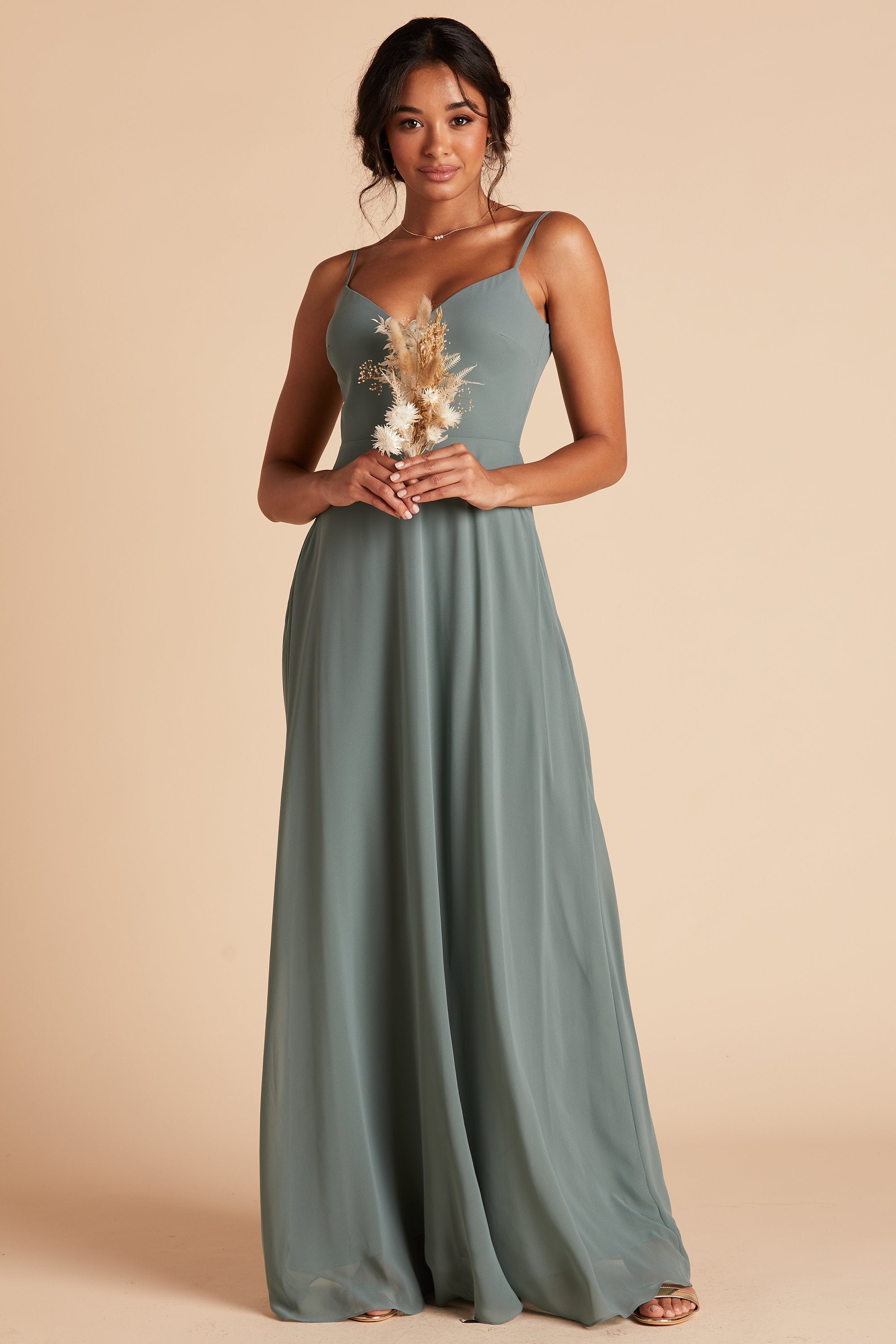 Devin convertible bridesmaids dress in sea glass green chiffon by Birdy Grey, front view