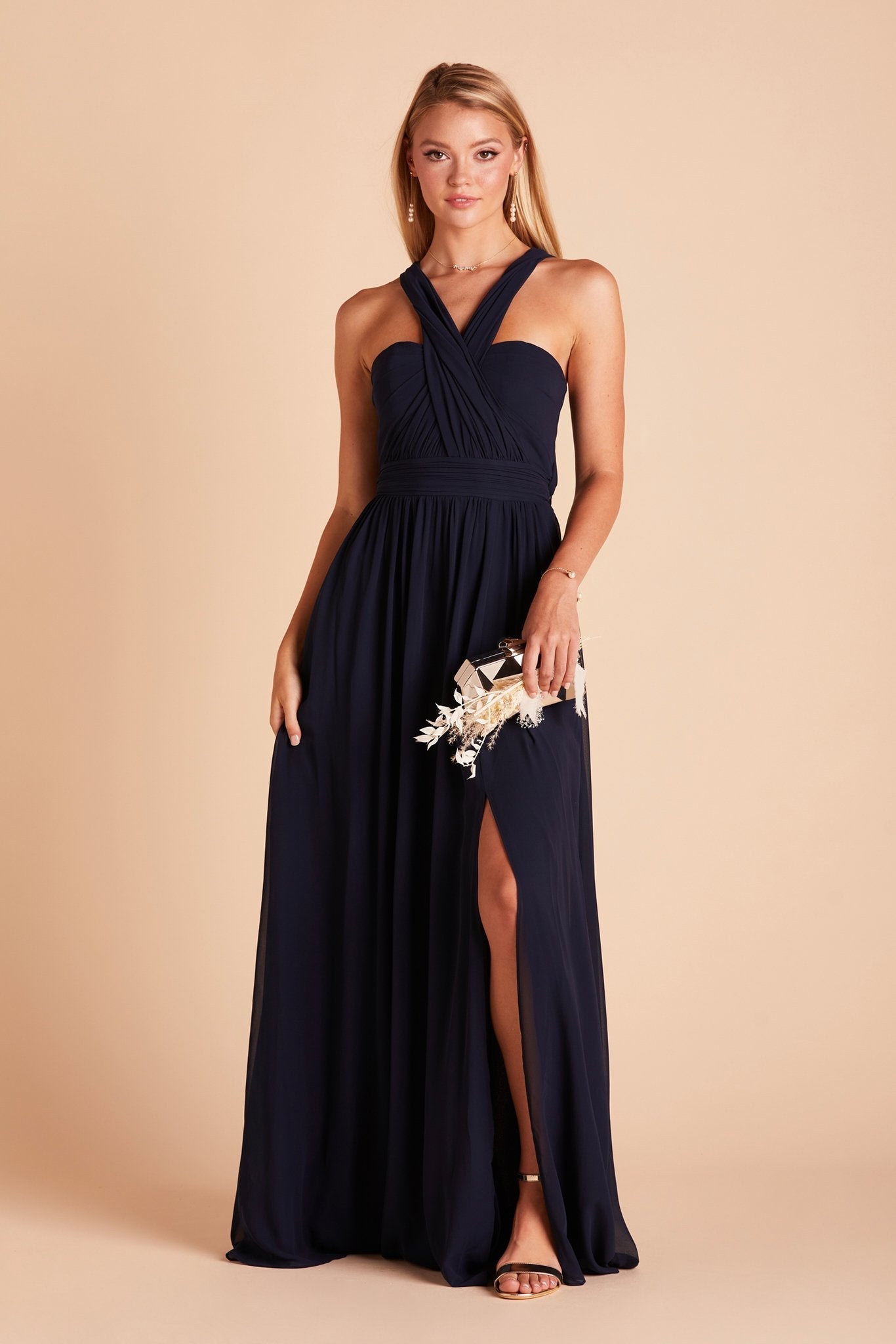 Grace convertible bridesmaid dress in navy blue chiffon with slit by Birdy Grey, front view