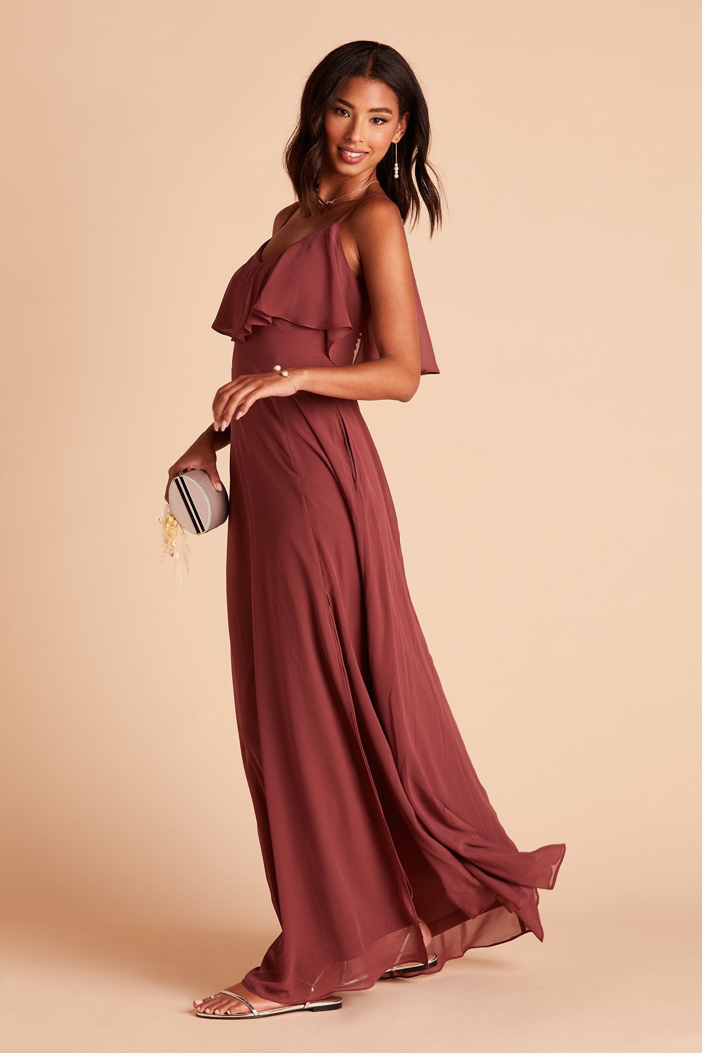 Jane convertible bridesmaid dress with slit in rosewood chiffon by Birdy Grey, side view