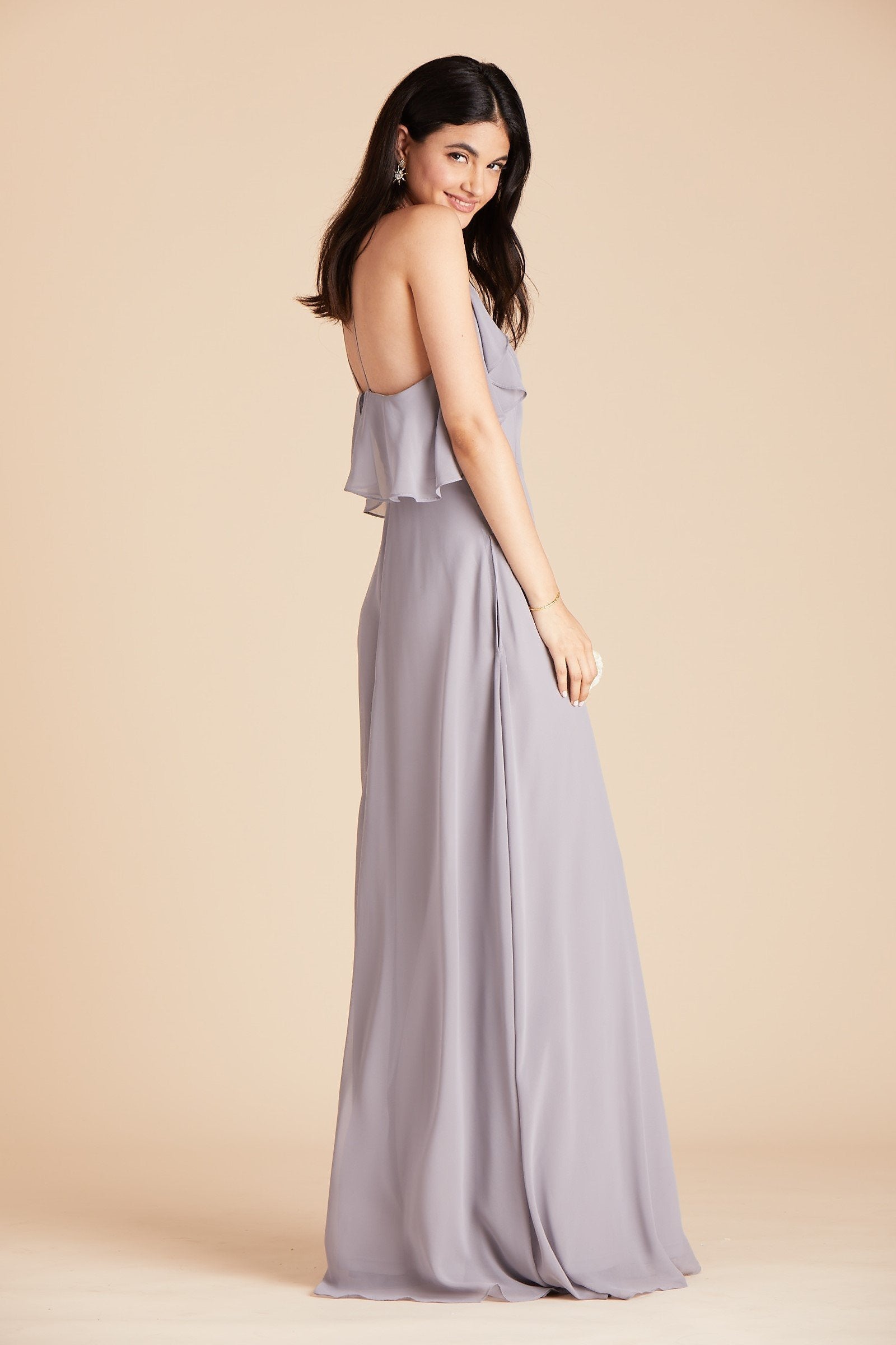 Jules bridesmaid dress in silver chiffon by Birdy Grey, side view