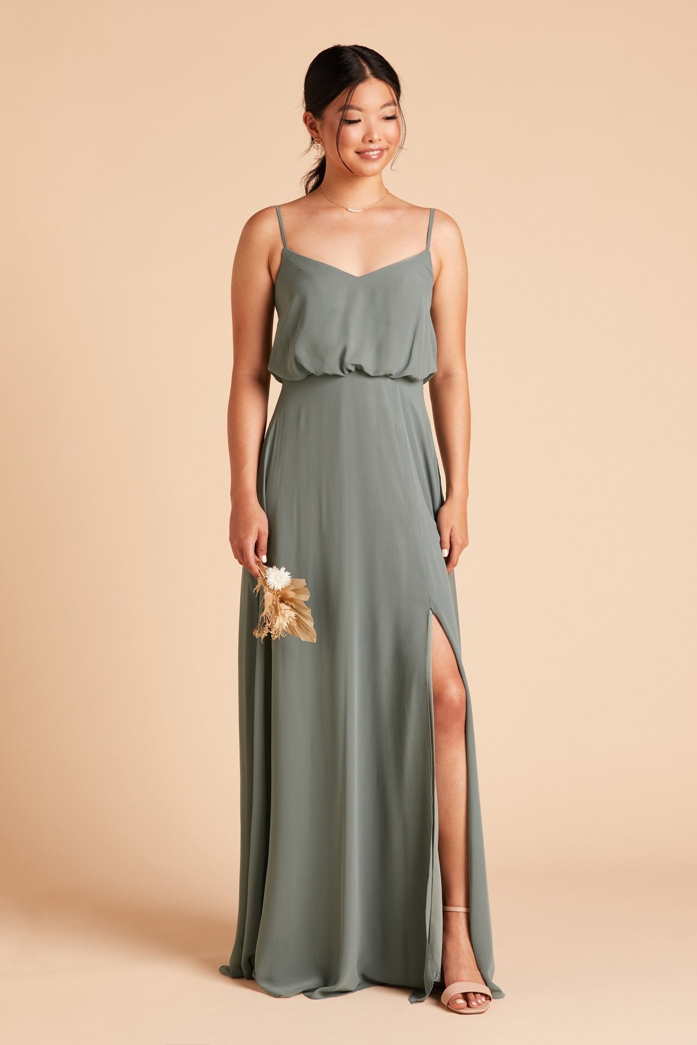 Gwennie bridesmaid dress with slit in sea glass green chiffon by Birdy Grey, front view