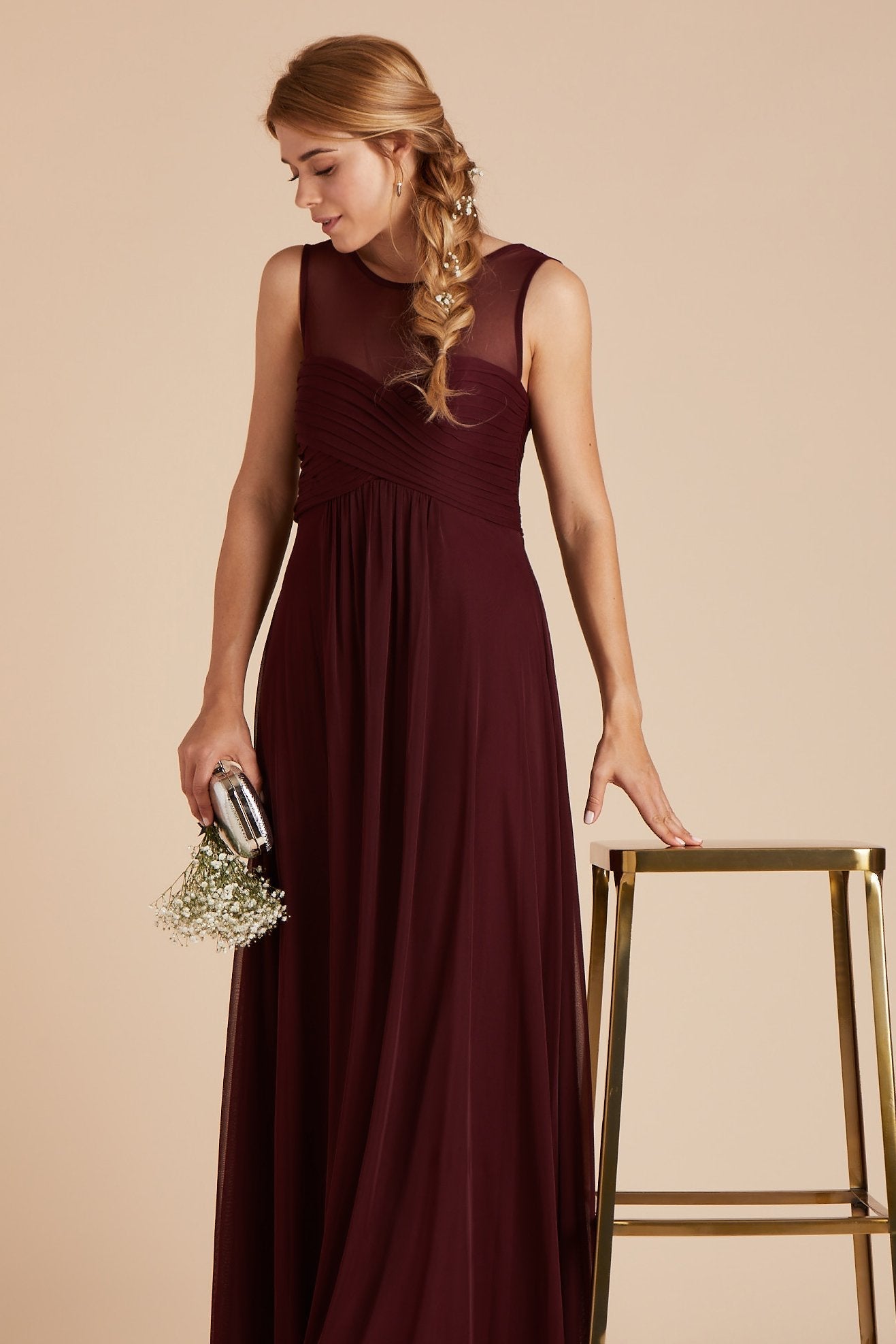 Ryan bridesmaid dress in cabernet burgundy chiffon by Birdy Grey, front view