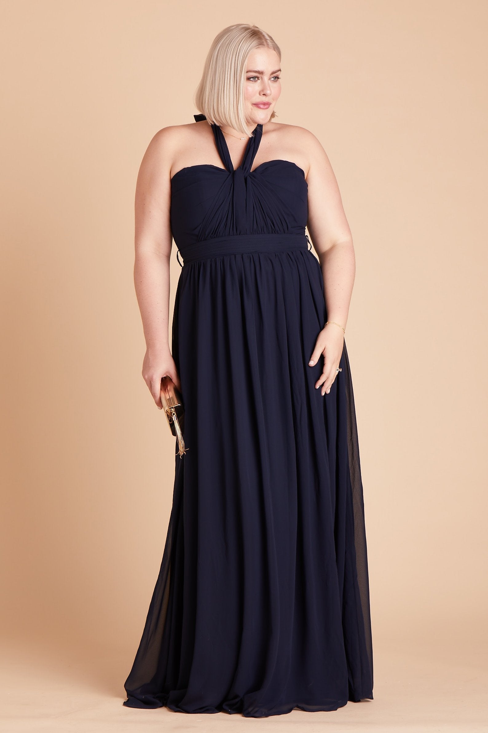 Grace convertible plus size bridesmaid dress in navy blue chiffon by Birdy Grey, front view