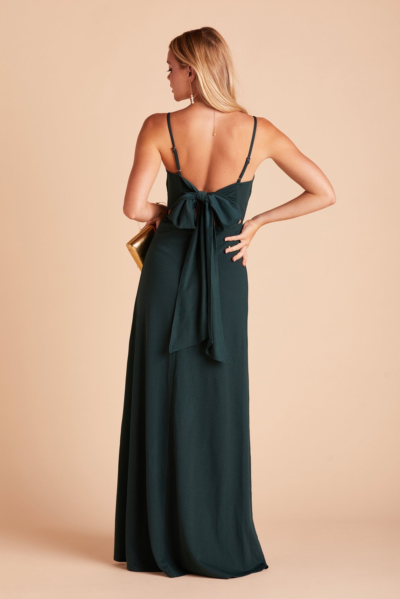 Benny bridesmaid dress in emerald green crepe by Birdy Grey, back view