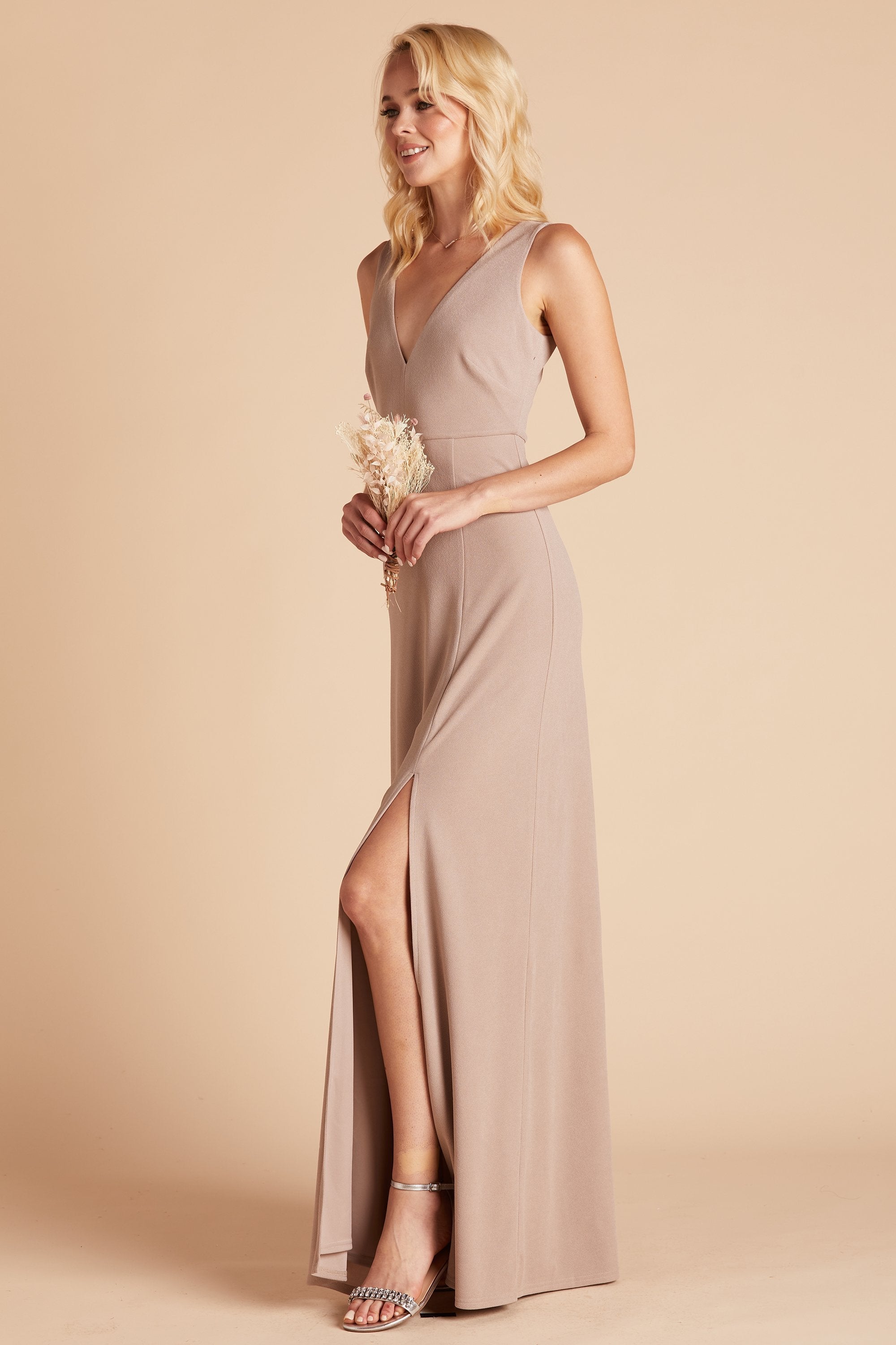 Shamin bridesmaid dress with slit in taupe crepe by Birdy Grey, side view