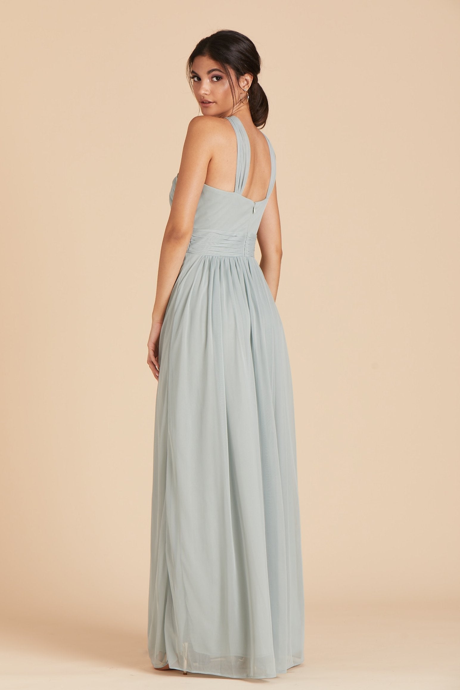 Kiko bridesmaid dress in sage green chiffon by Birdy Grey, side view