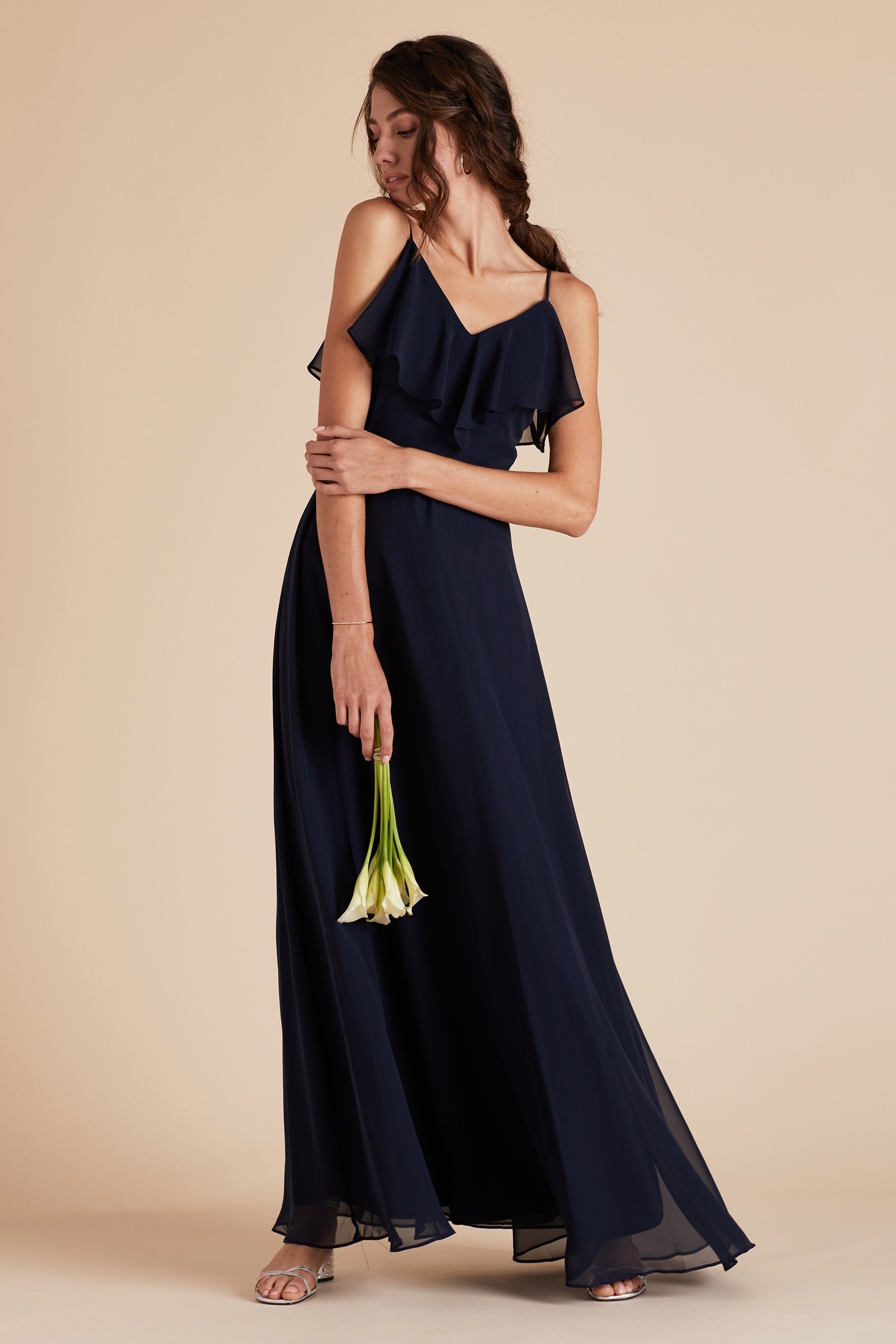 Jane convertible bridesmaid dress in navy blue chiffon by Birdy Grey, front viewJane convertible bridesmaid dress with slit in navy blue chiffon by Birdy Grey, front view