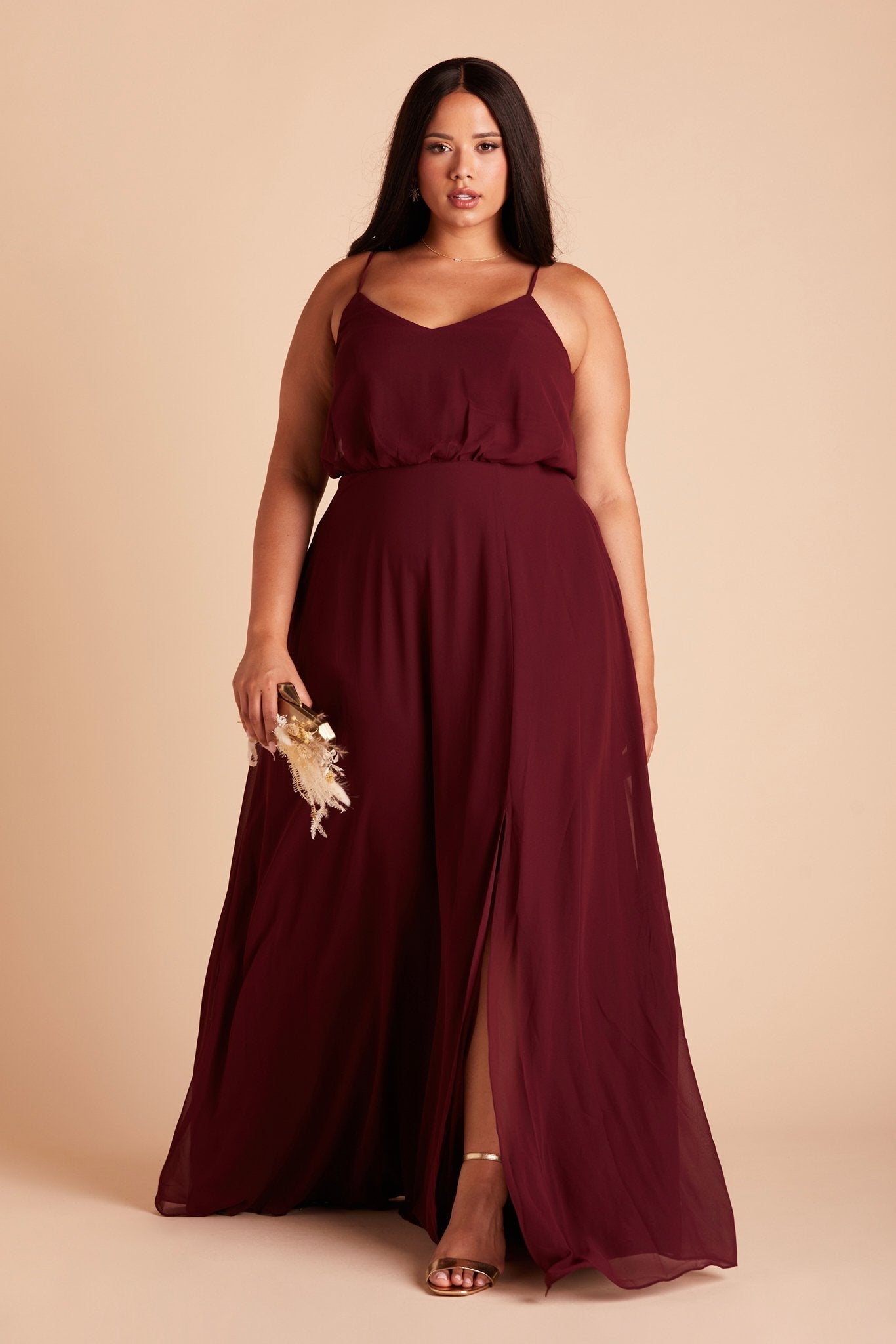 Gwennie plus size bridesmaid dress with slit in cabernet burgundy chiffon by Birdy Grey, front view