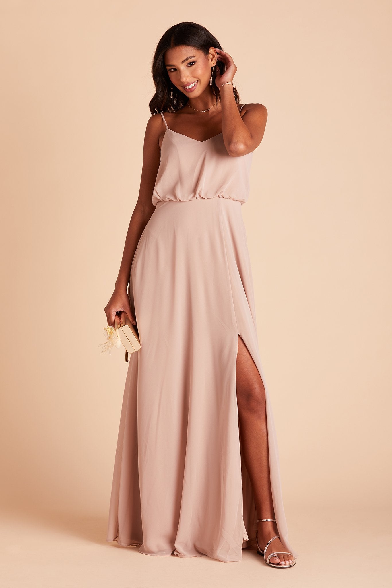 Gwennie bridesmaid dress with slit in taupe chiffon by Birdy Grey, front view