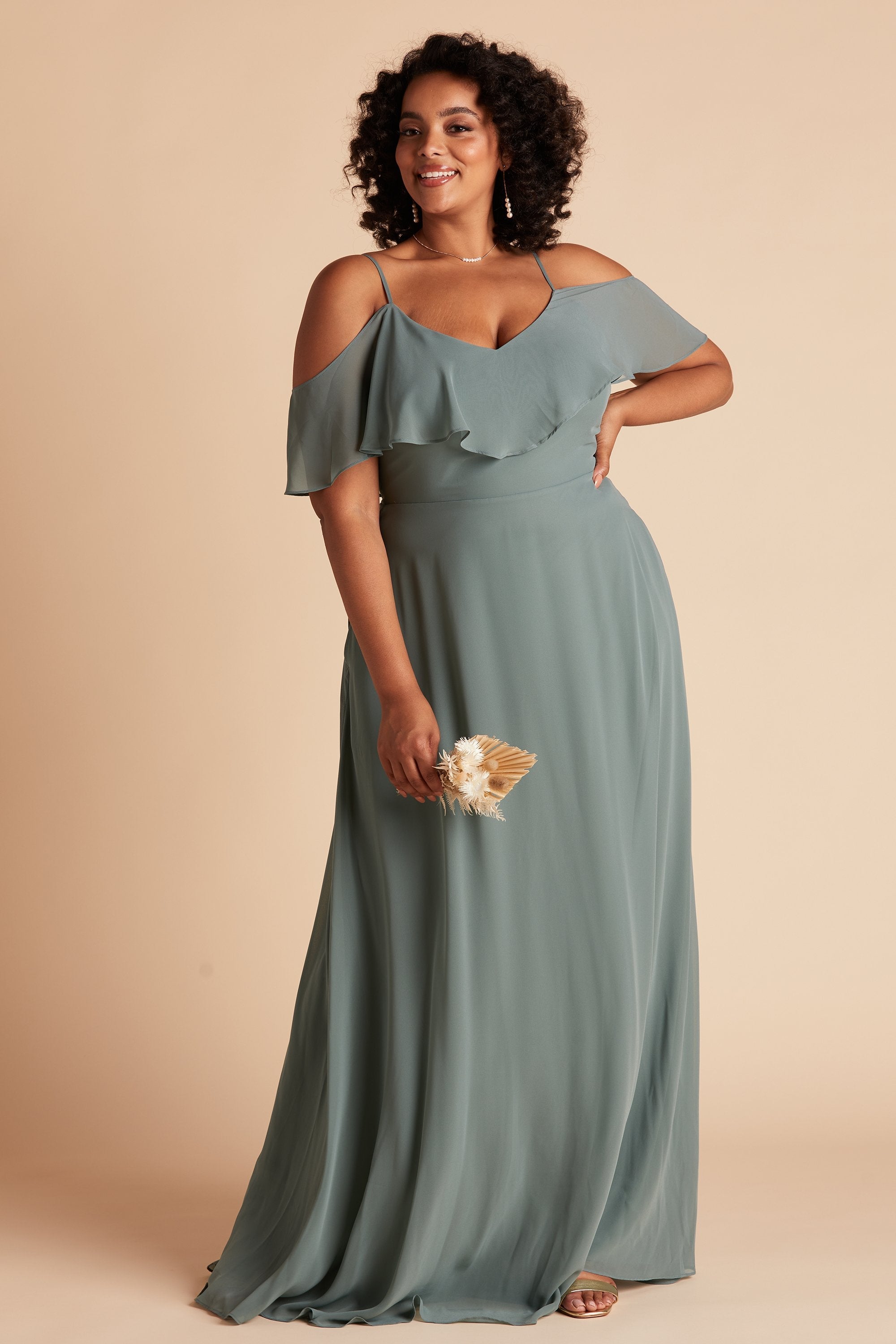 Jane convertible plus size bridesmaid dress in sea glass green chiffon by Birdy Grey, front view