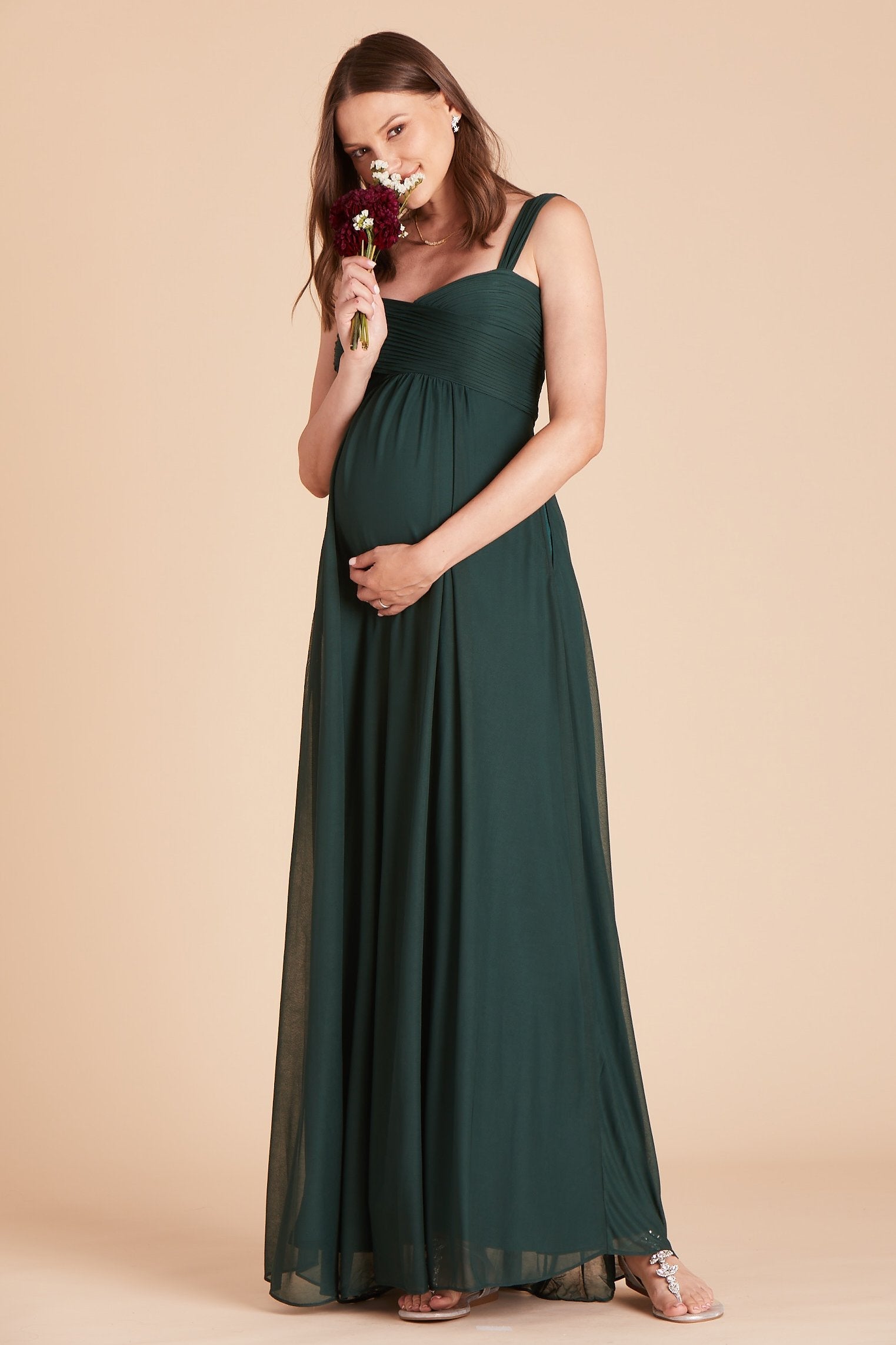 Maria convertible plus size bridesmaids dress in emerald green chiffon by Birdy Grey, side view