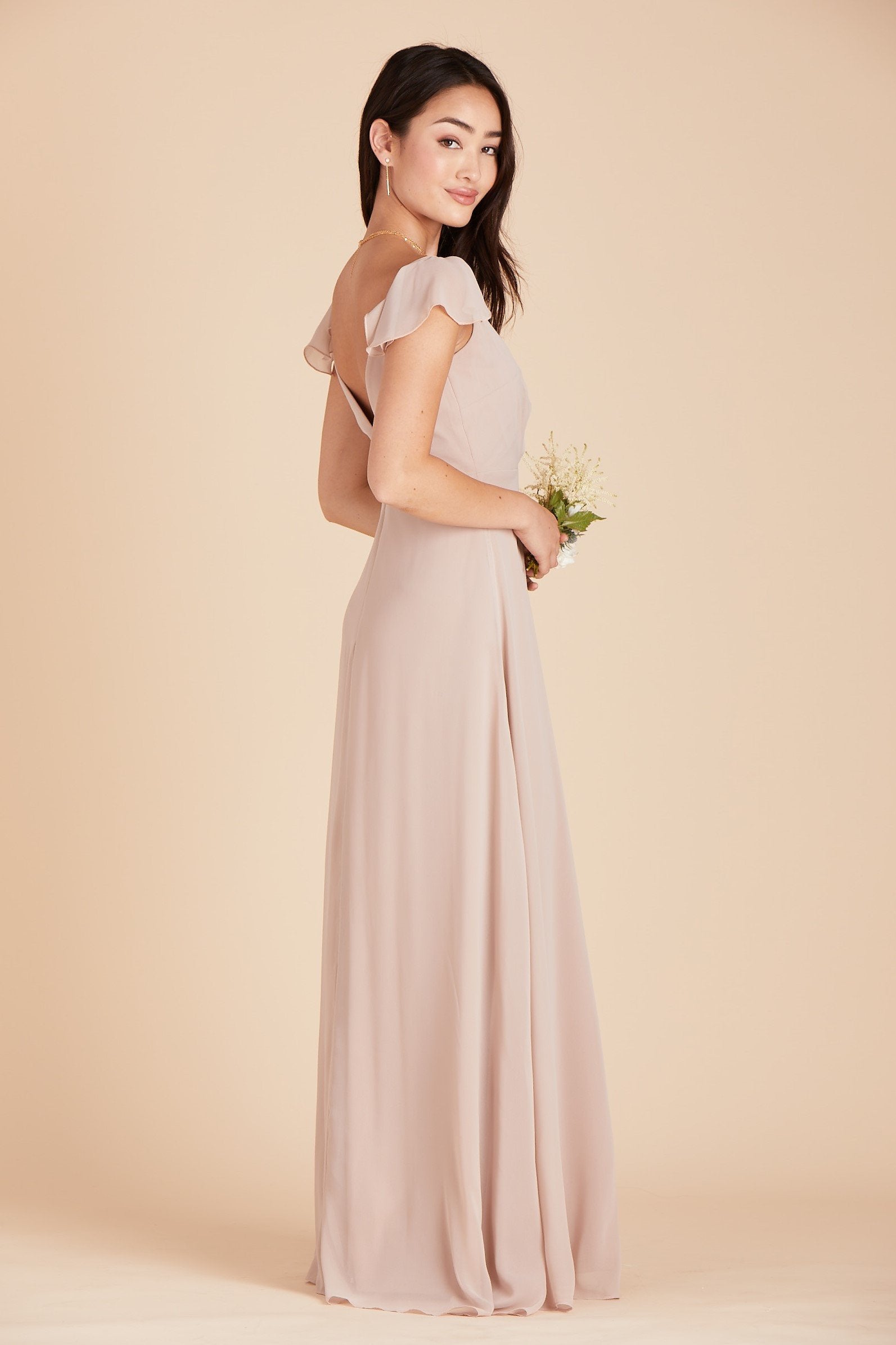 Kae bridesmaids dress in taupe chiffon by Birdy Grey, side view