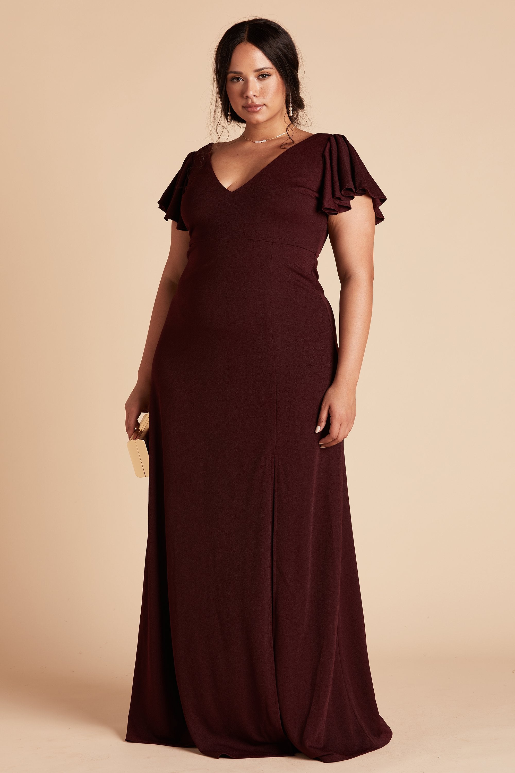 Hannah plus size bridesmaid dress with slit in cabernet burgundy crepe by Birdy Grey, front view