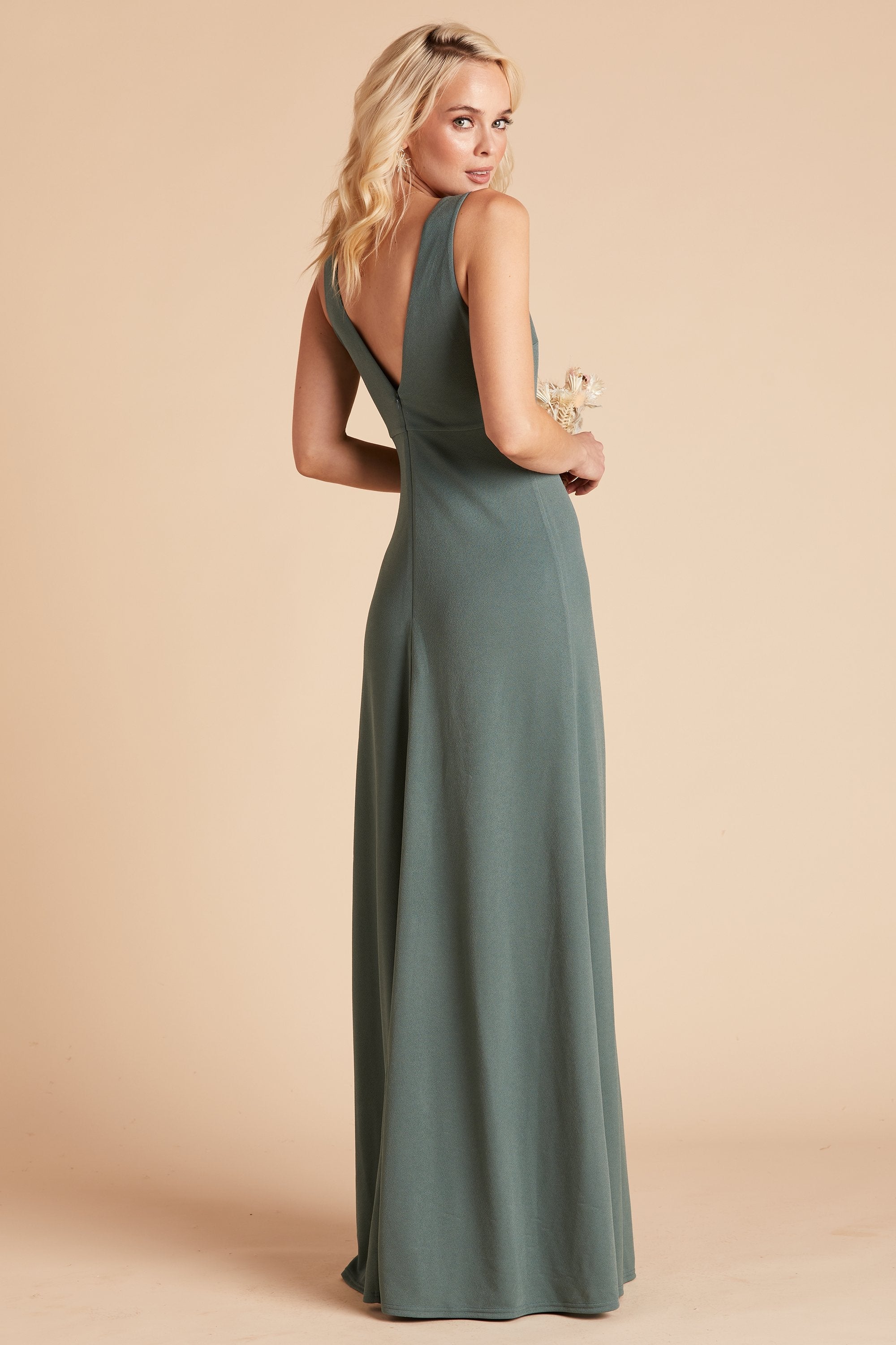 Shamin bridesmaid dress with slit in sea glass green crepe by Birdy Grey, side view