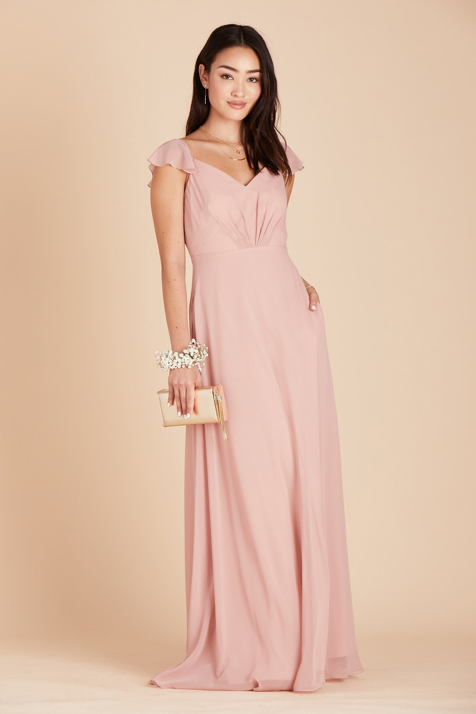 Kae bridesmaids dress in dusty rose pink chiffon by Birdy Grey, front view 