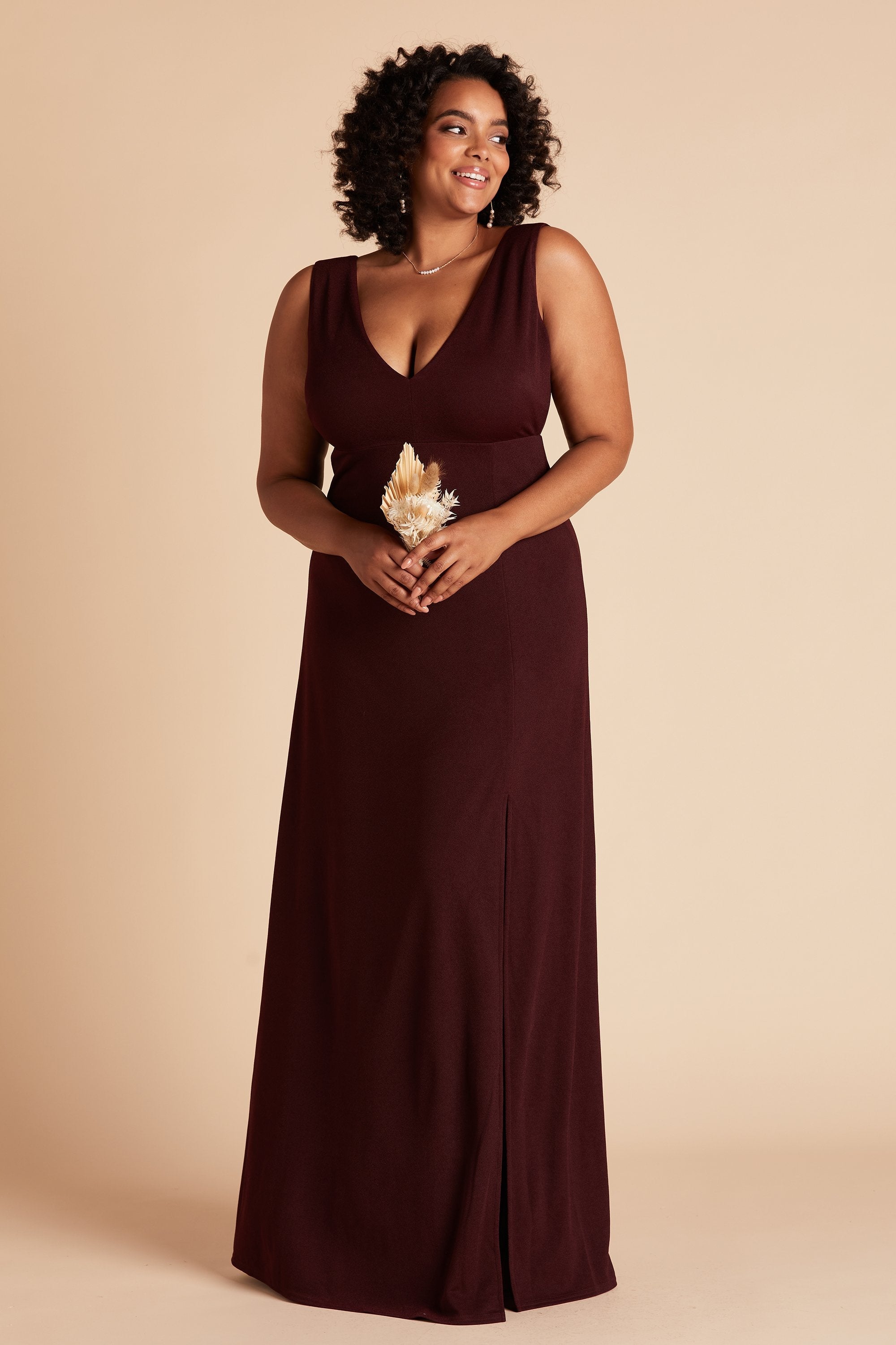 Shamin plus size bridesmaid dress with slit in cabernet burgundy crepe by Birdy Grey, front view