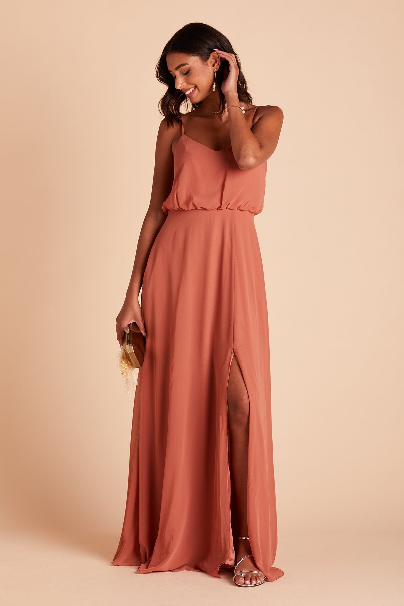 Gwennie bridesmaid dress with slit in terracotta chiffon by Birdy Grey, front view