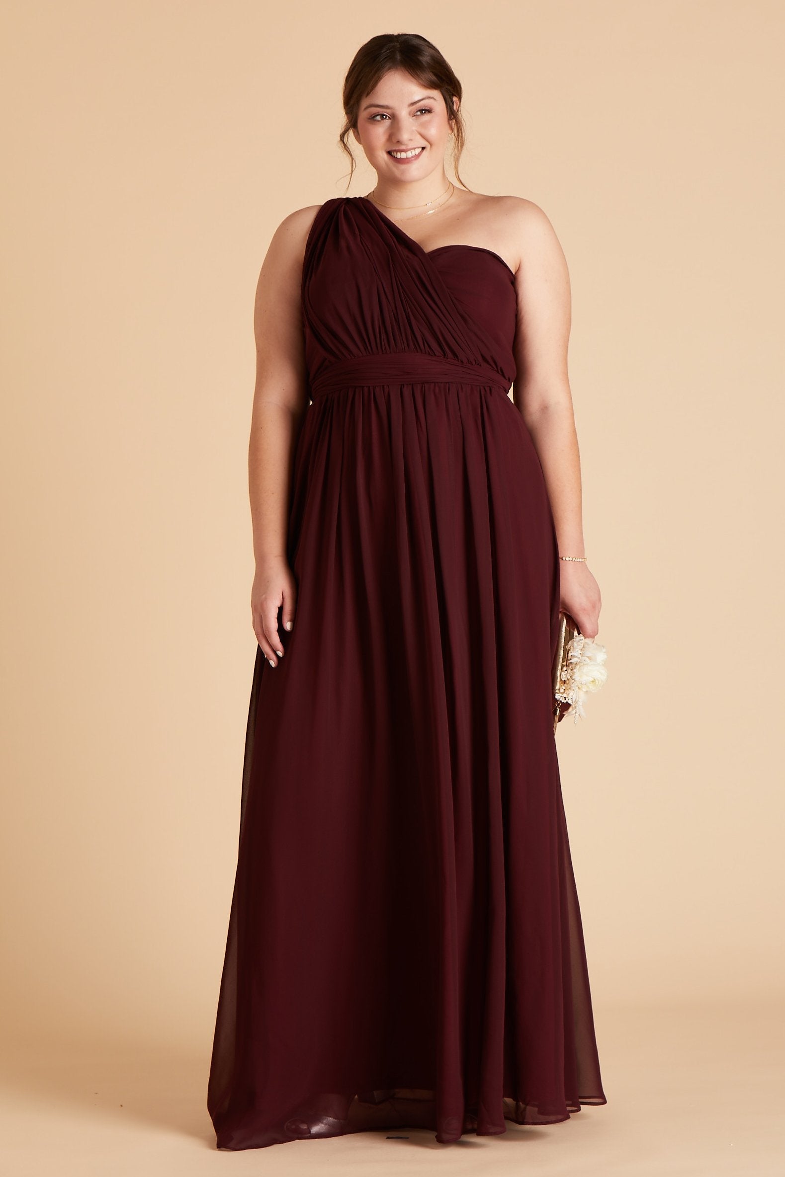 Grace convertible plus size bridesmaid dress in cabernet burgundy chiffon by Birdy Grey, front view