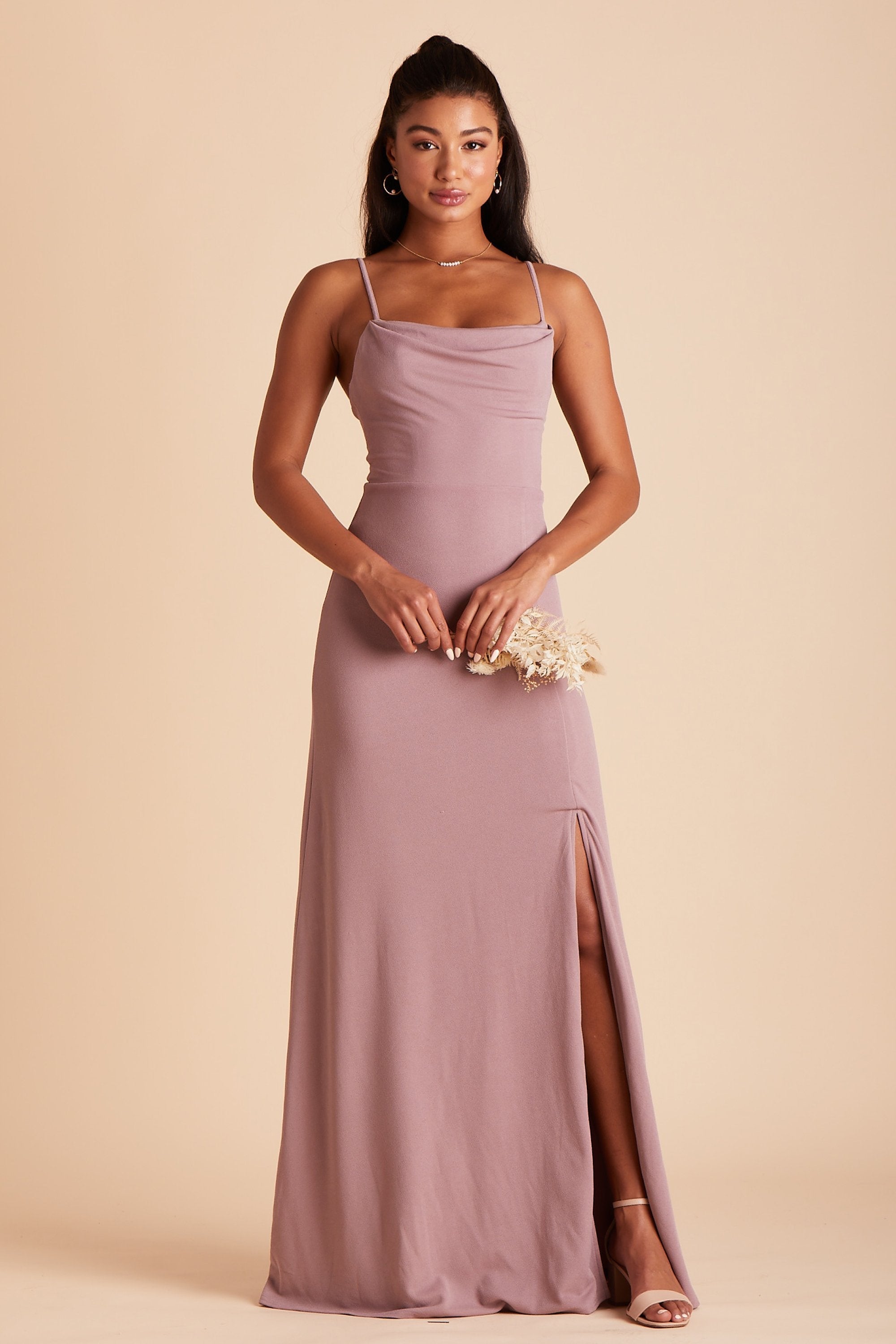 Ash bridesmaid dress with slit in dark mauve crepe by Birdy Grey, front view