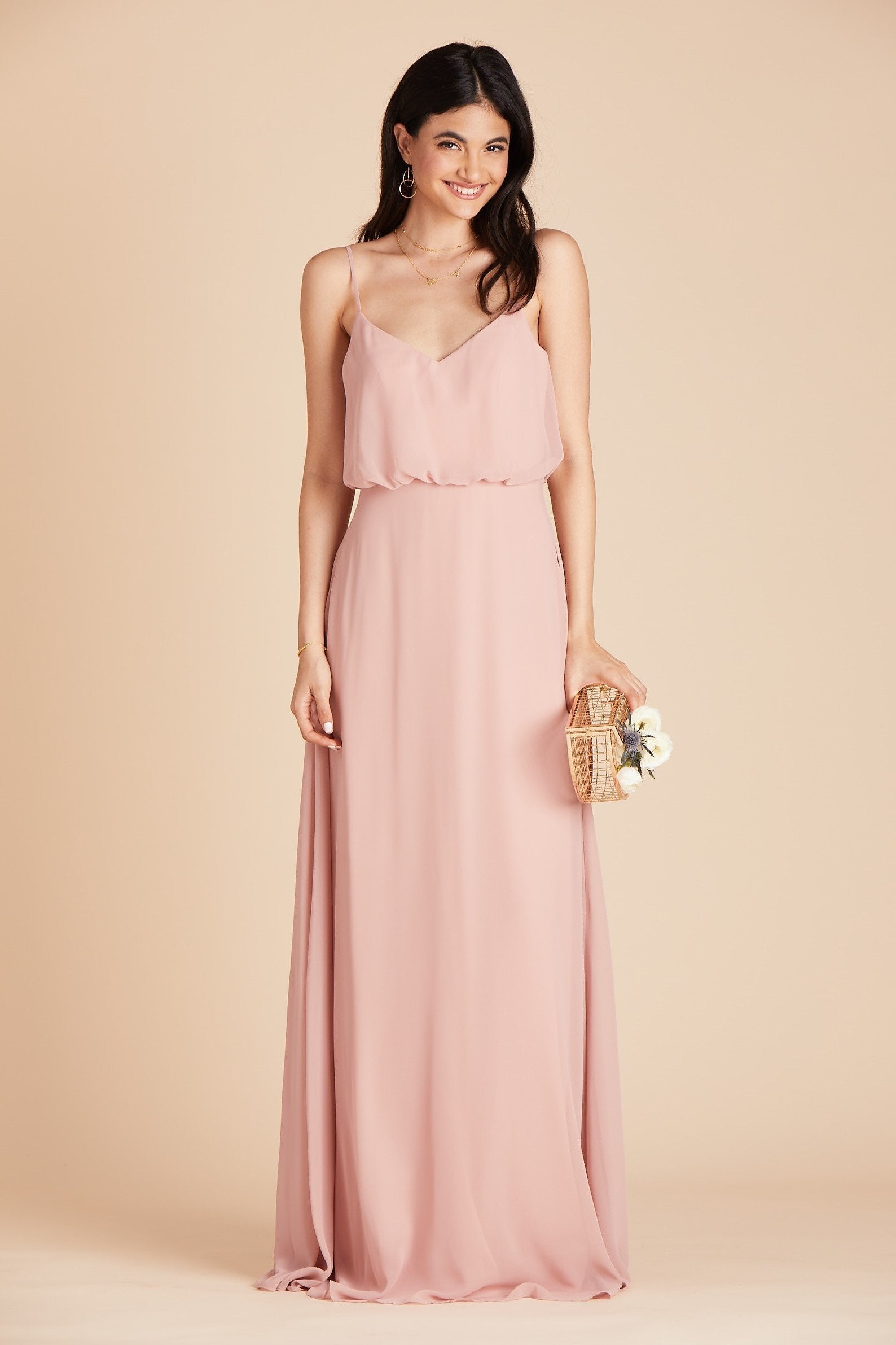 Gwennie bridesmaid dress in dusty rose chiffon by Birdy Grey, front view